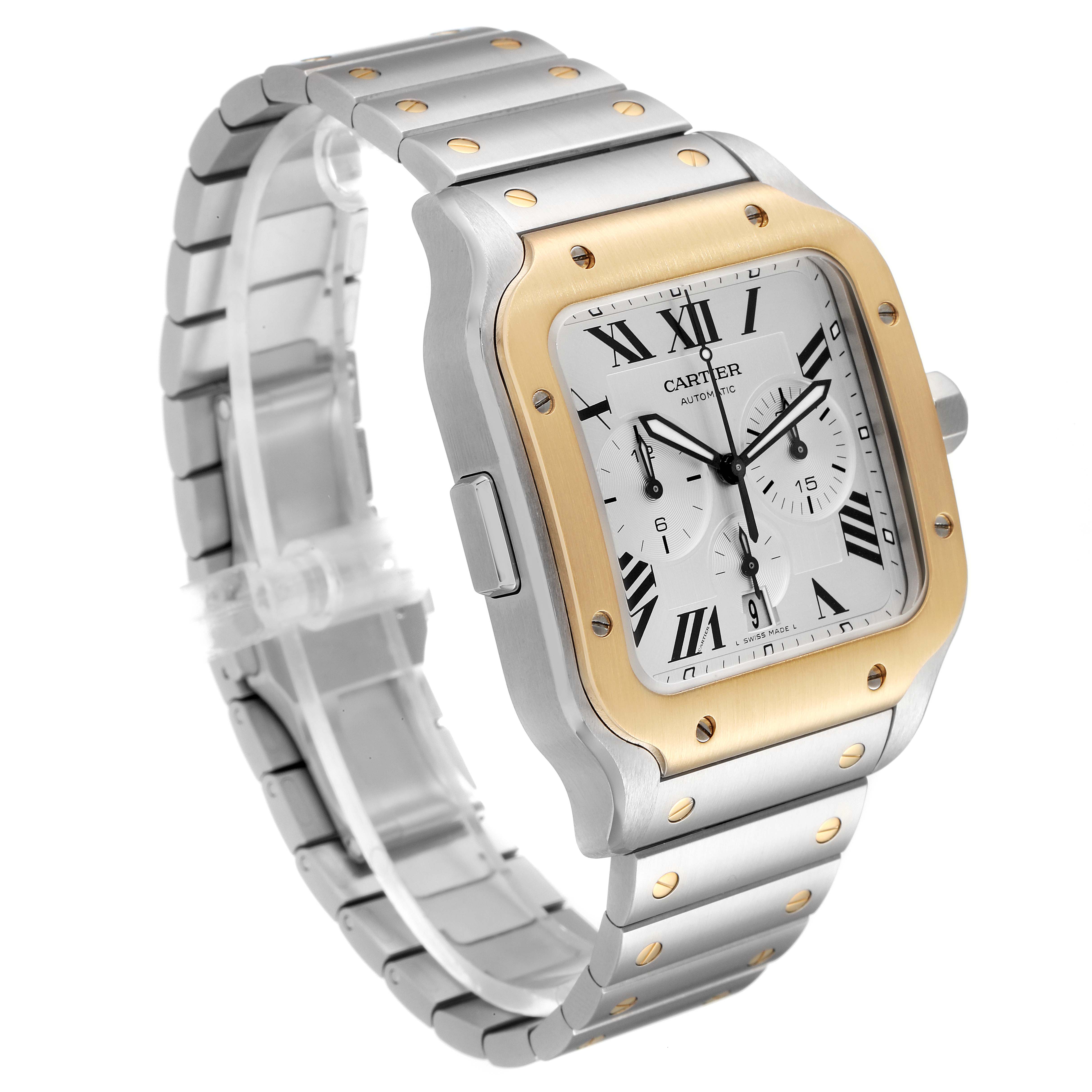 The image shows a Cartier Santos W2SA0008 Men's Steel and Gold (two tone) Silver Dial W2SA0008 Men's Steel and Gold (two tone) Silver Dial watch at an angle highlighting its face, gold bezel, and metal bracelet.