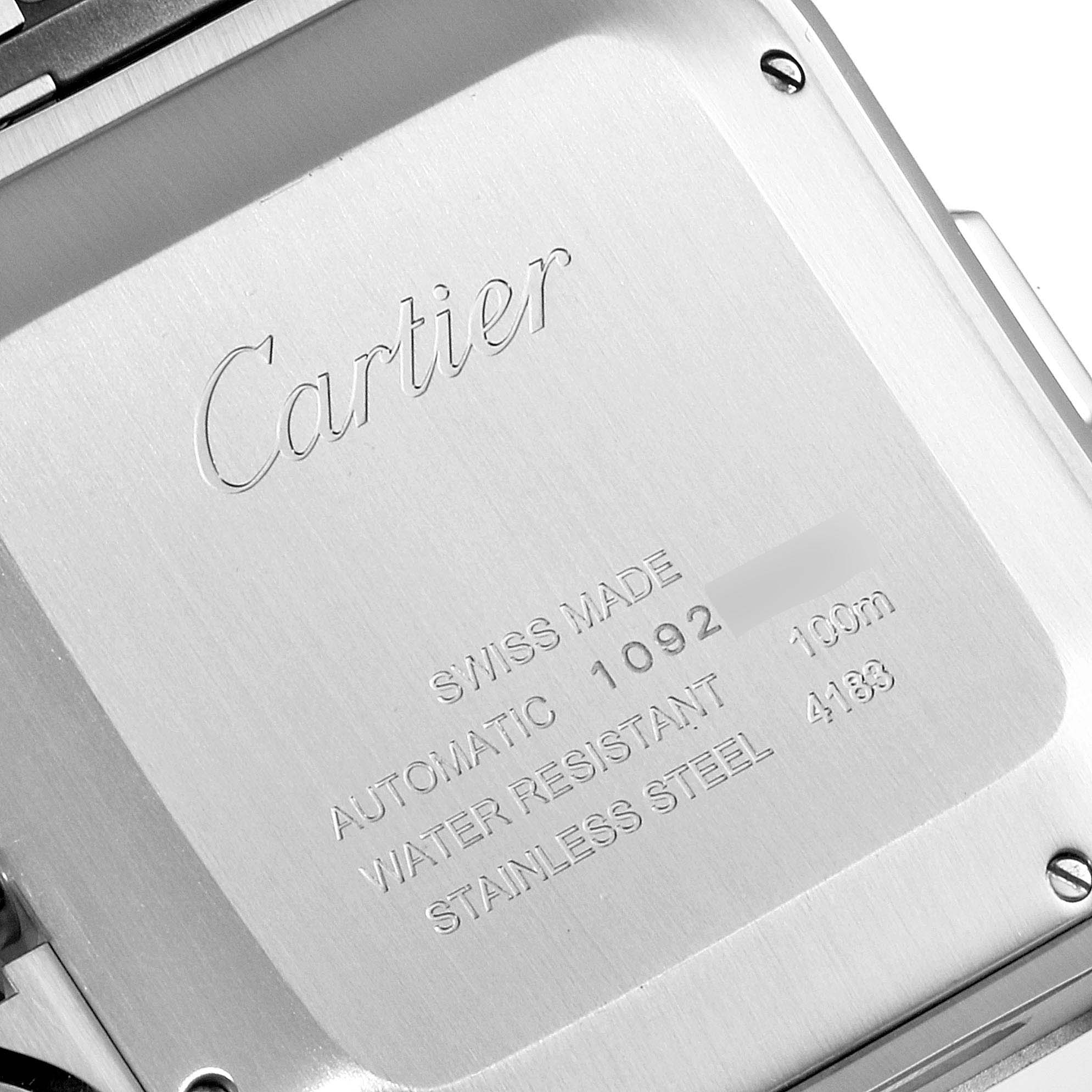 The image shows the back case of a Cartier Santos W2SA0008 Men's Steel and Gold (two tone) Silver Dial W2SA0008 Men's Steel and Gold (two tone) Silver Dial watch, highlighting the engravings and screw details.