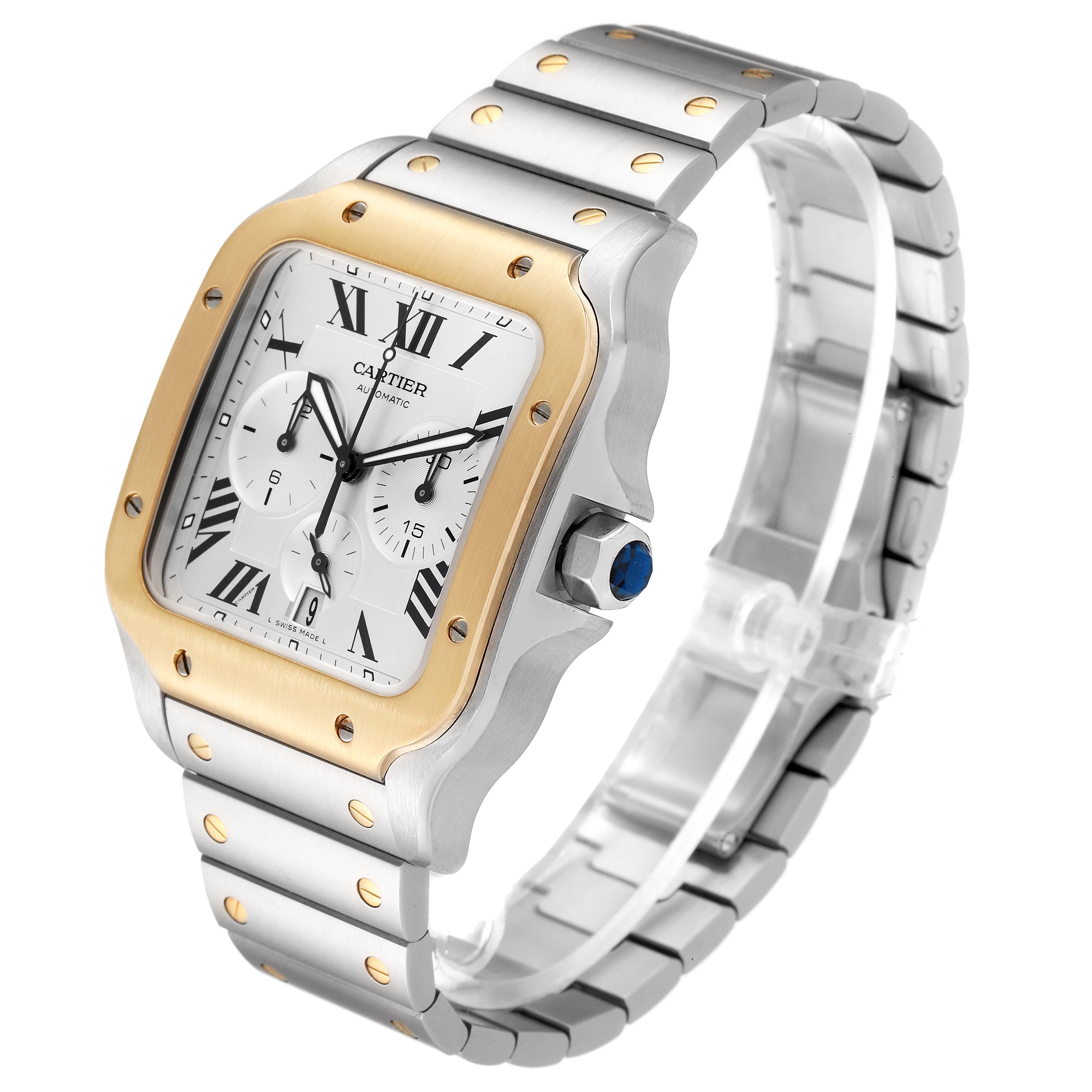 The image shows a side angle of a Cartier Santos W2SA0008 Men's Steel and Gold (two tone) Silver Dial W2SA0008 Men's Steel and Gold (two tone) Silver Dial watch featuring a silver and gold design.
