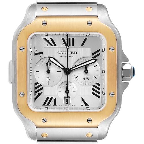 Photo of Santos De Cartier Steel Yellow Gold Silver Dial Watch W2SA0008 Box Papers