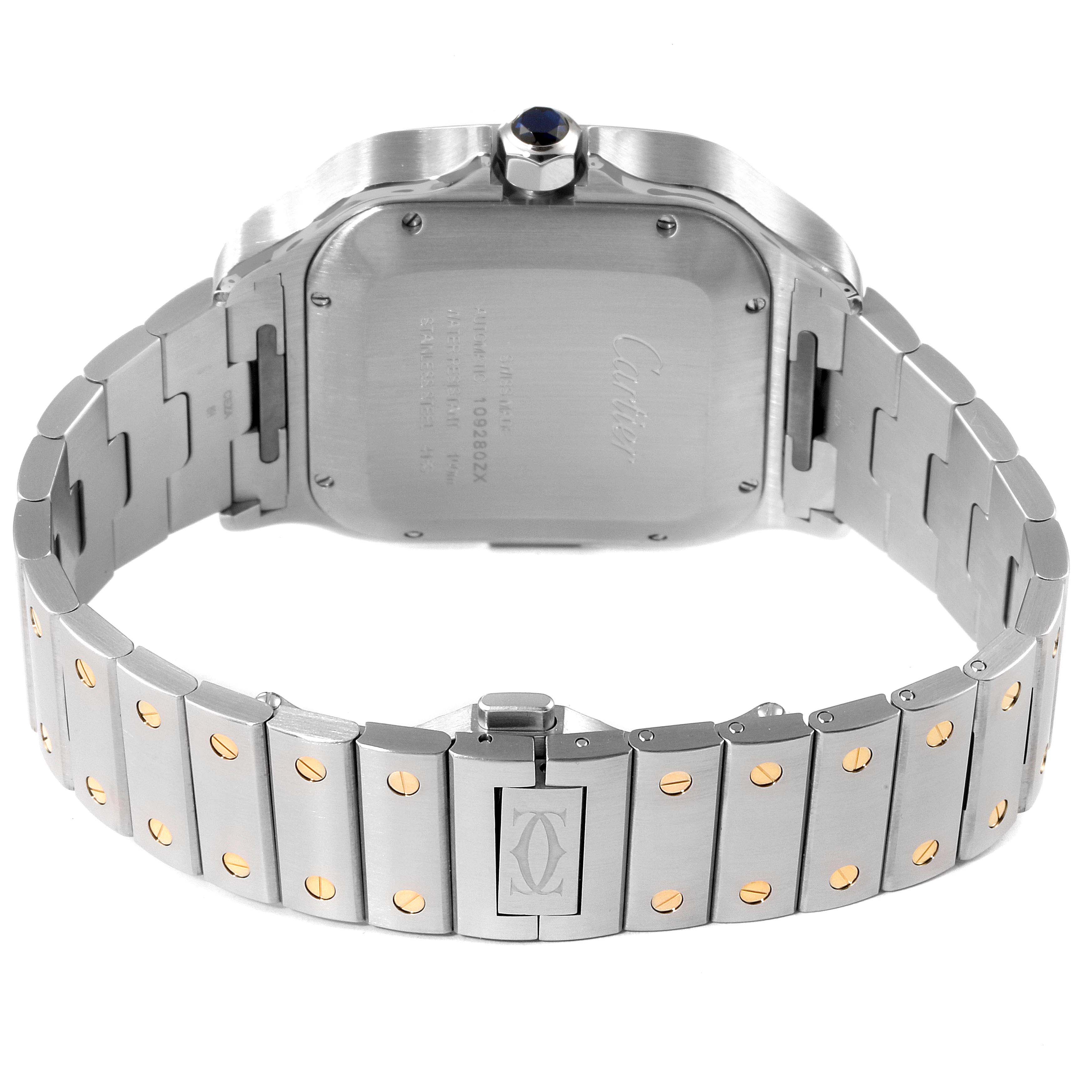 The image shows the back of the Cartier Santos W2SA0008 Men's Steel and Gold (two tone) Silver Dial W2SA0008 Men's Steel and Gold (two tone) Silver Dial watch, displaying its caseback, crown, and stainless steel bracelet.