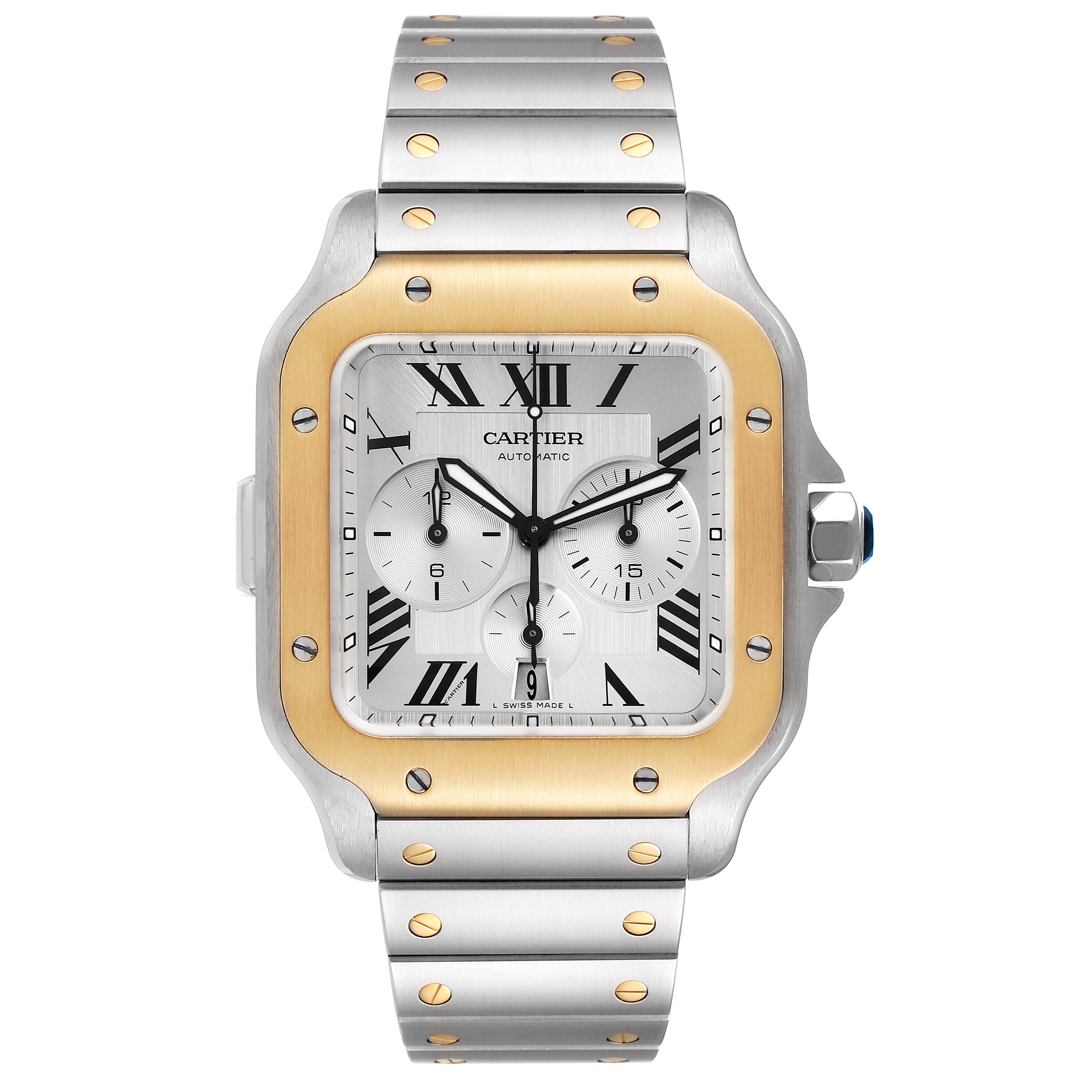 Front view of a Cartier Santos W2SA0008 Men's Steel and Gold (two tone) Silver Dial W2SA0008 Men's Steel and Gold (two tone) Silver Dial watch, showing the face, bezel, bracelet, and crown.