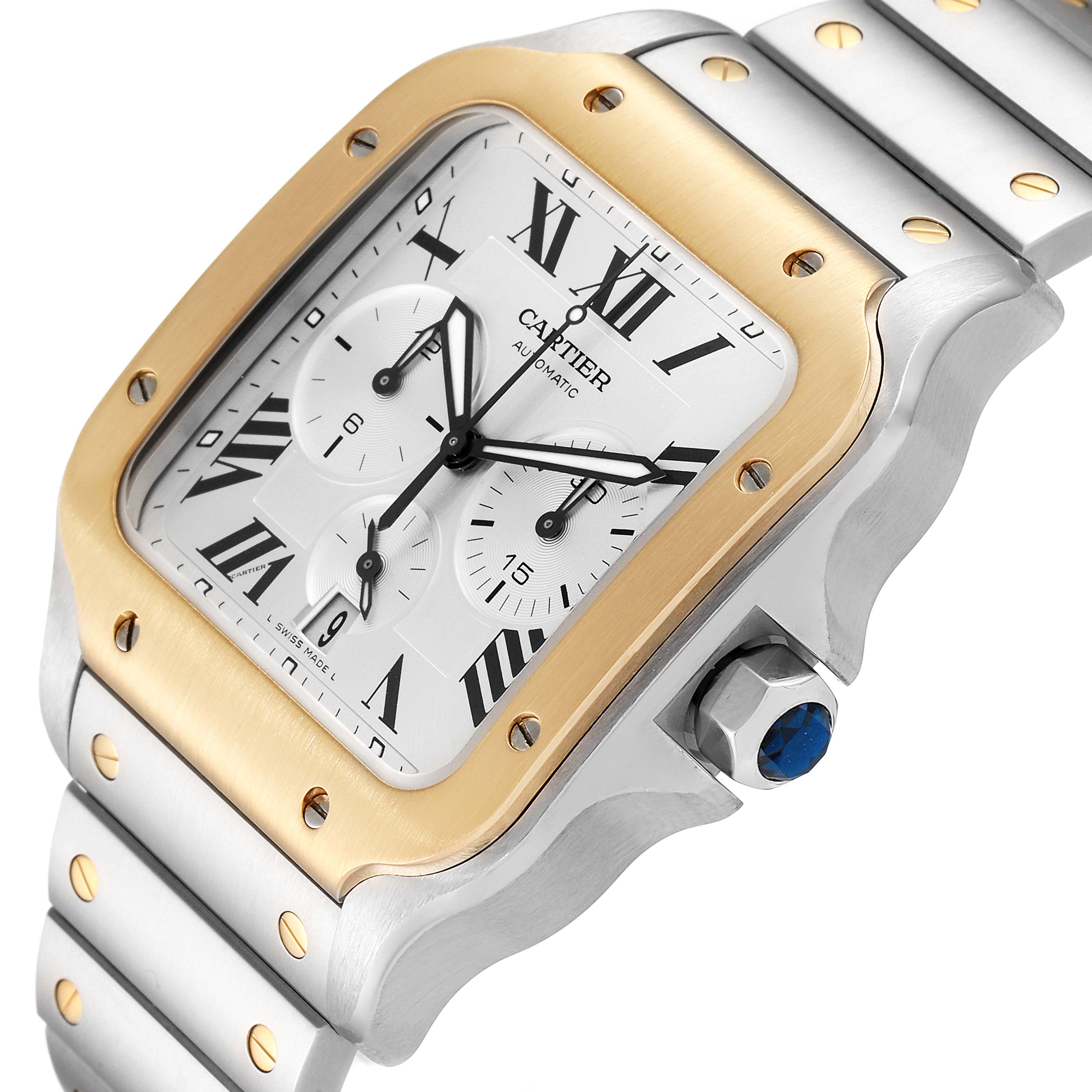 The image shows a close-up angle of a Cartier Santos W2SA0008 Men's Steel and Gold (two tone) Silver Dial W2SA0008 Men's Steel and Gold (two tone) Silver Dial watch, highlighting the square face, bezel, bracelet, and chronograph dials.