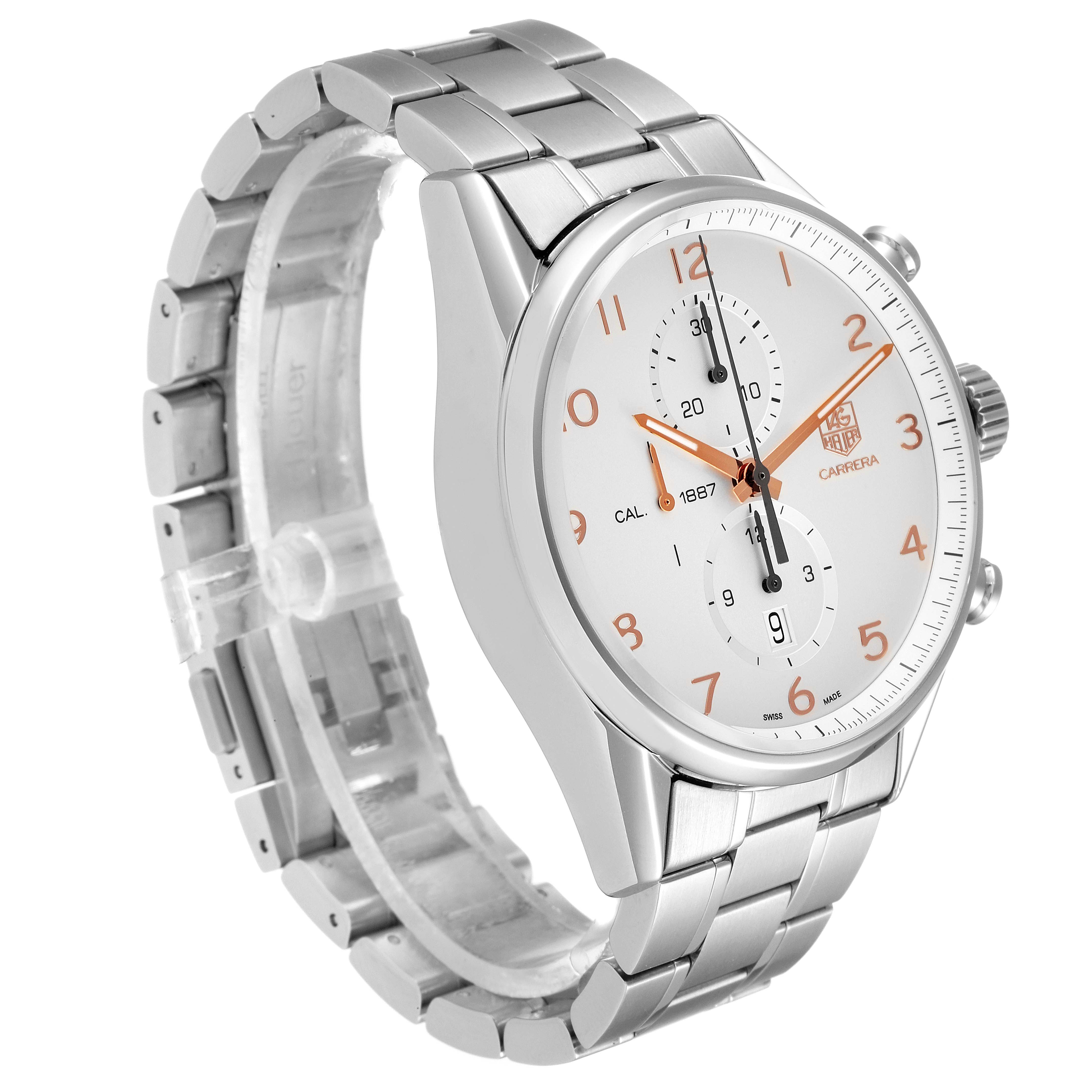 The image shows a Tag Heuer Carrera CAR2012.BA0796 Men's Stainless Steel Silver Dial CAR2012.BA0796 Men's Stainless Steel Silver Dial watch at a three-quarter angle, highlighting the face, bezel, crown, and bracelet.