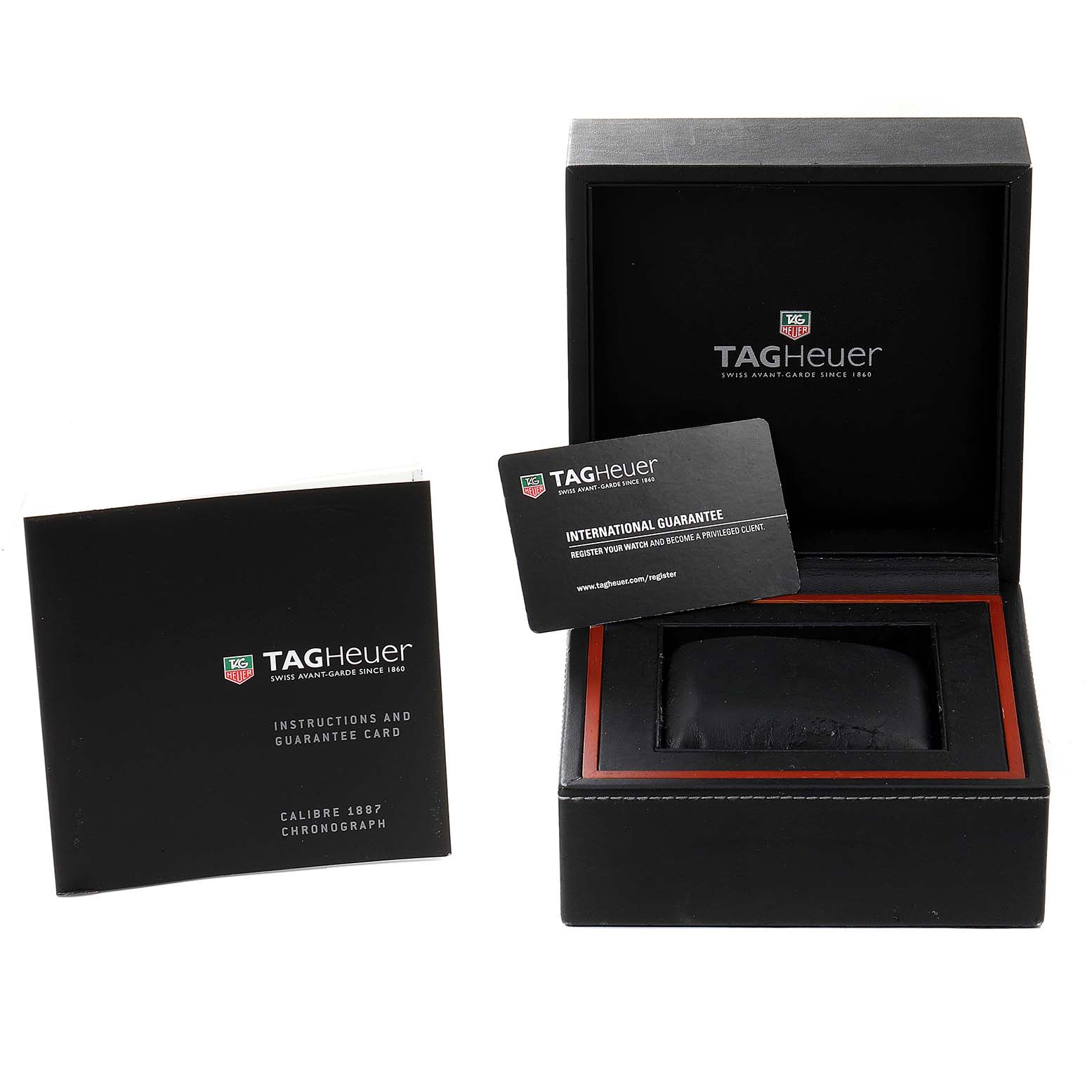 The image shows a Tag Heuer Carrera CAR2012.BA0796 Men's Stainless Steel Silver Dial CAR2012.BA0796 Men's Stainless Steel Silver Dial watch's box, international guarantee card, and instruction manual from a front angle.