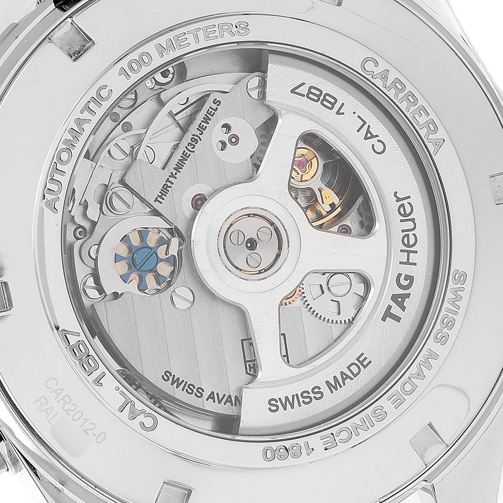 This image shows the back view of a Tag Heuer Carrera CAR2012.BA0796 Men's Stainless Steel Silver Dial CAR2012.BA0796 Men's Stainless Steel Silver Dial watch, displaying its automatic movement and intricate internal mechanism.