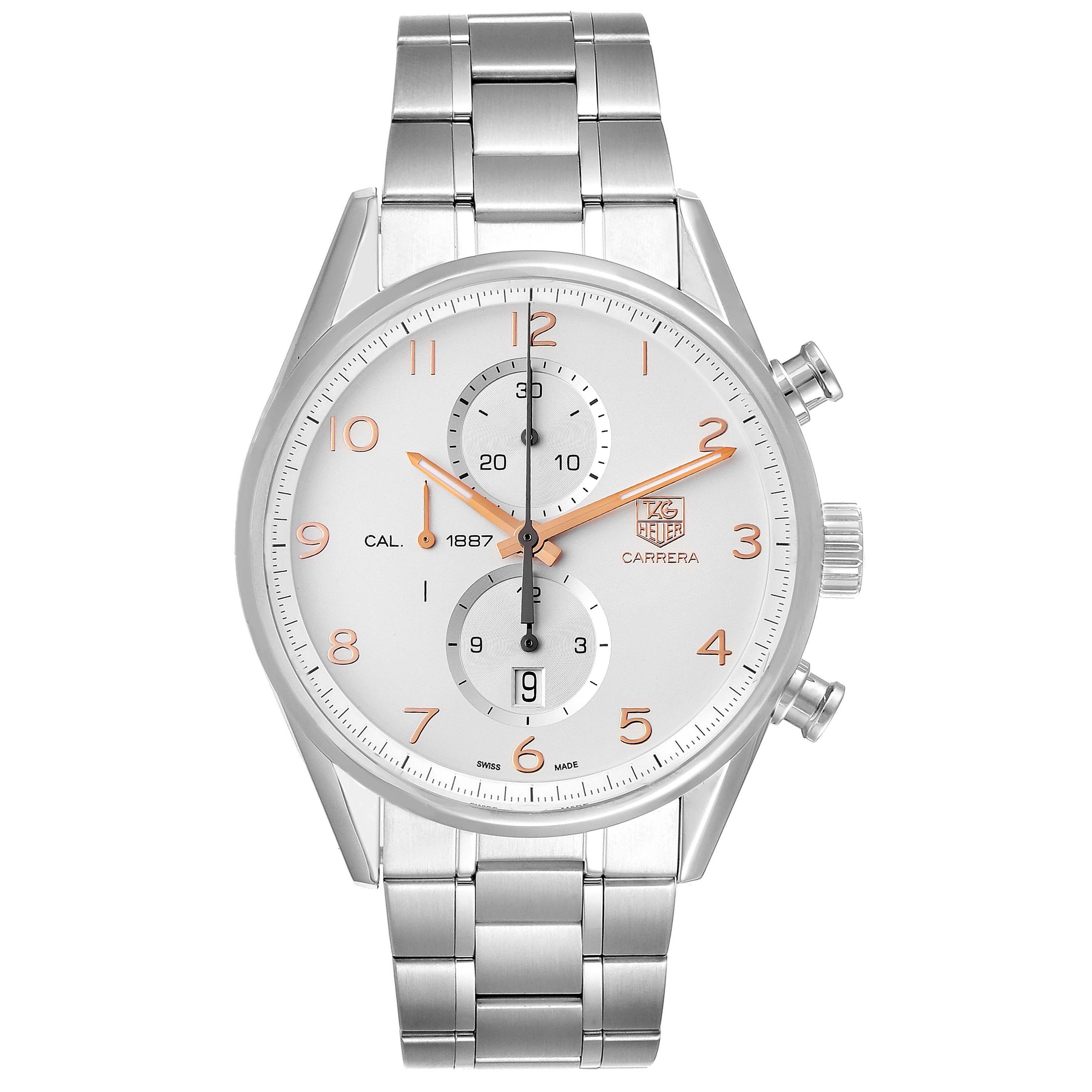 The image shows the front view of a Tag Heuer Carrera CAR2012.BA0796 Men's Stainless Steel Silver Dial CAR2012.BA0796 Men's Stainless Steel Silver Dial watch, displaying its face and metal bracelet.