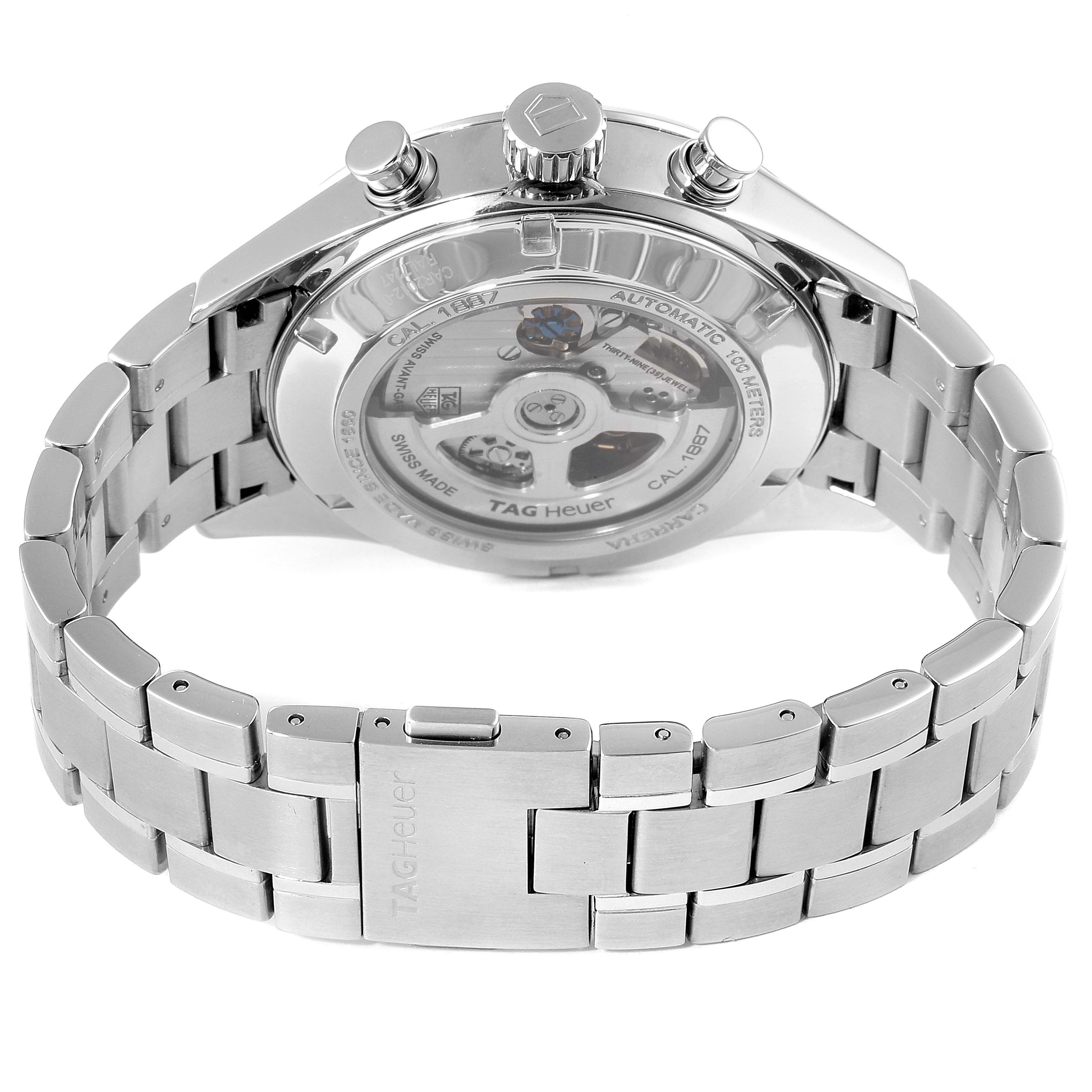 This image shows the back view of a Tag Heuer Carrera CAR2012.BA0796 Men's Stainless Steel Silver Dial CAR2012.BA0796 Men's Stainless Steel Silver Dial watch, highlighting the movement and stainless steel bracelet.