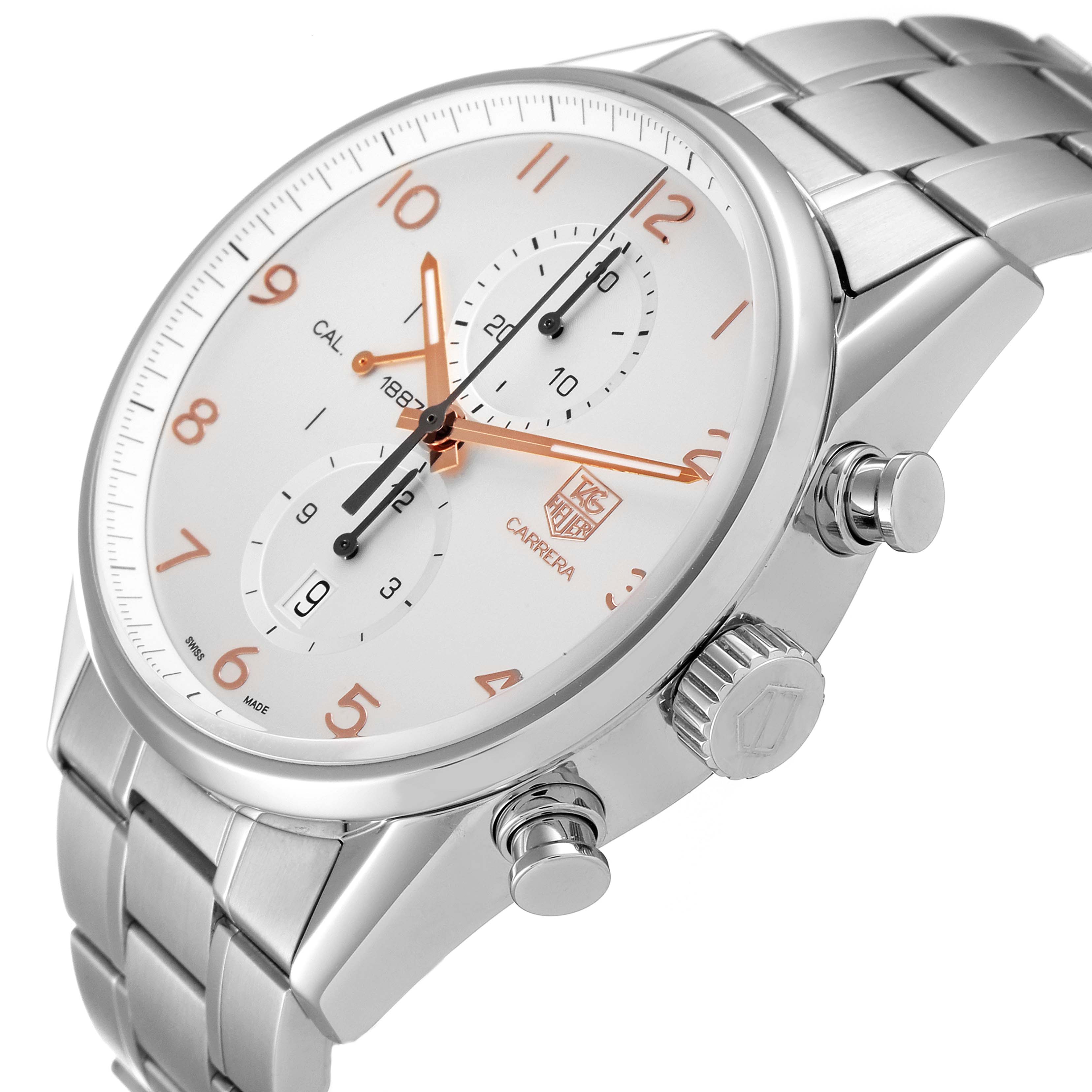 The image shows a side angle view of the Tag Heuer Carrera CAR2012.BA0796 Men's Stainless Steel Silver Dial CAR2012.BA0796 Men's Stainless Steel Silver Dial watch, highlighting its face, crown, and stainless steel bracelet.