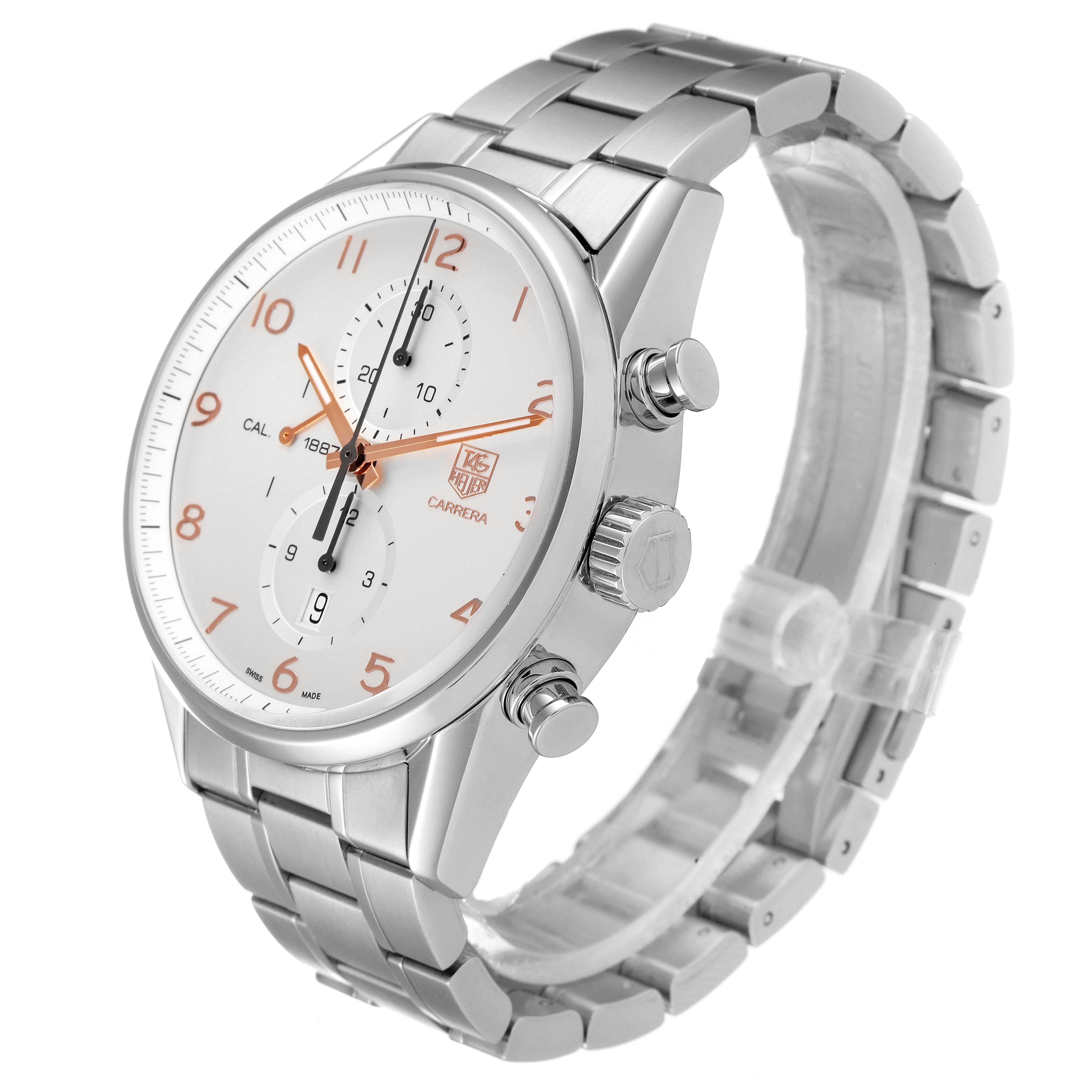 The image shows a Tag Heuer Carrera CAR2012.BA0796 Men's Stainless Steel Silver Dial CAR2012.BA0796 Men's Stainless Steel Silver Dial watch from an angled side view, highlighting its face, crown, and stainless steel bracelet.