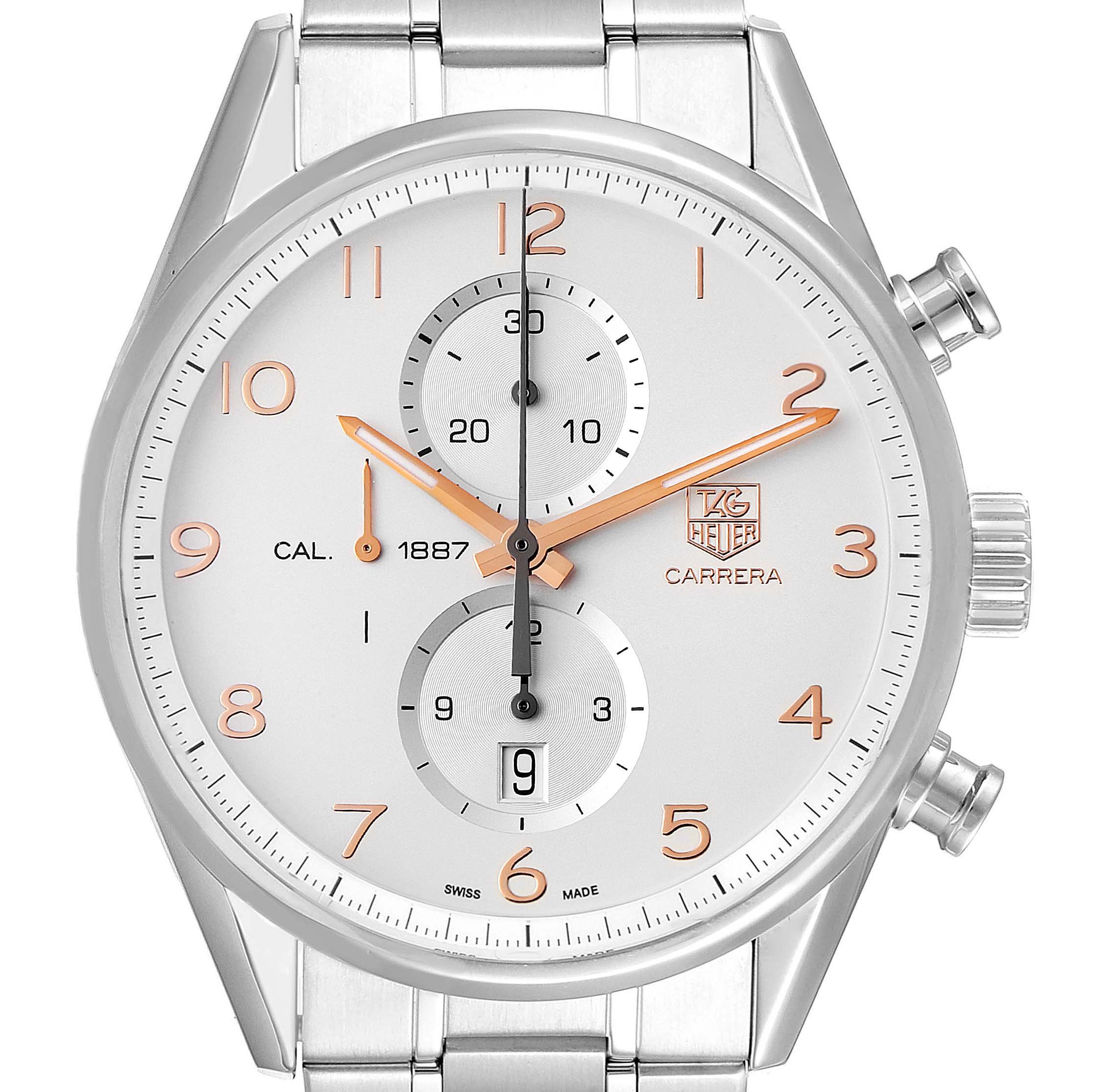 The image shows the front of a Tag Heuer Carrera CAR2012.BA0796 Men's Stainless Steel Silver Dial CAR2012.BA0796 Men's Stainless Steel Silver Dial watch, highlighting its dial, hands, sub-dials, and crown.