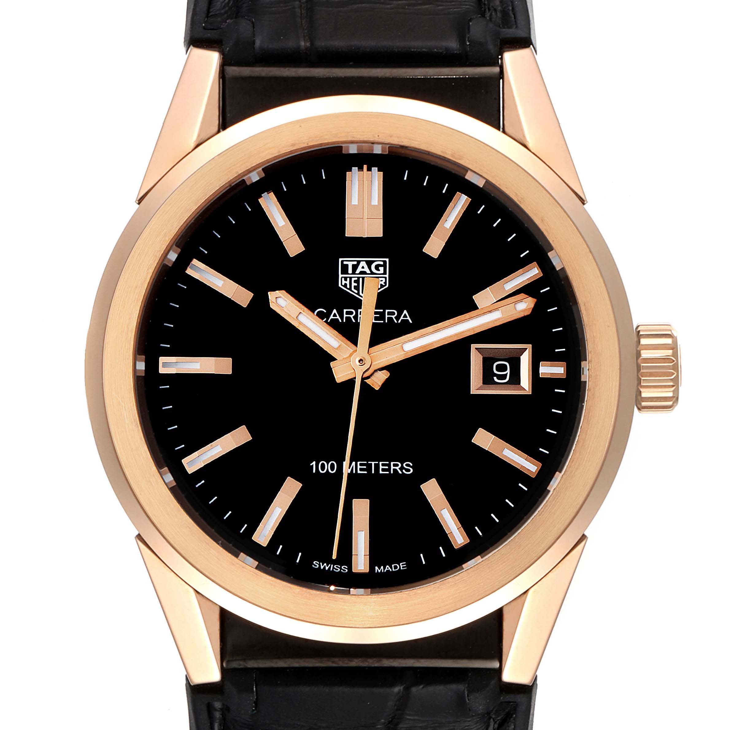 The image shows a front view of a Tag Heuer Carrera WBG1351.FC6418 Women's Steel and Gold (two tone) Black Dial WBG1351.FC6418 Women's Steel and Gold (two tone) Black Dial watch, highlighting the dial, hands, markers, date window, and crown.