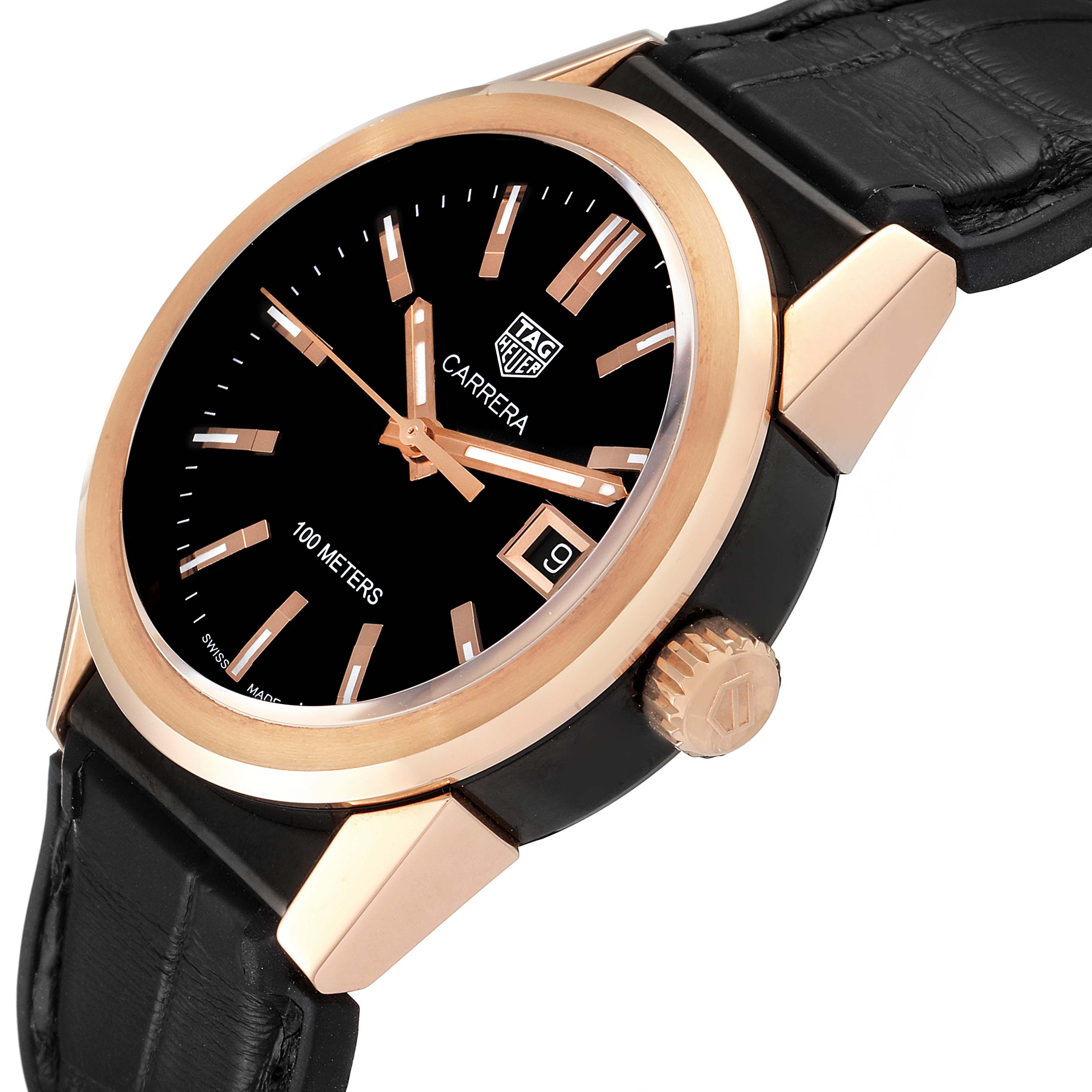 The Tag Heuer Carrera WBG1351.FC6418 Women's Steel and Gold (two tone) Black Dial WBG1351.FC6418 Women's Steel and Gold (two tone) Black Dial watch is shown at an angle, displaying its face, bezel, crown, and black leather strap.