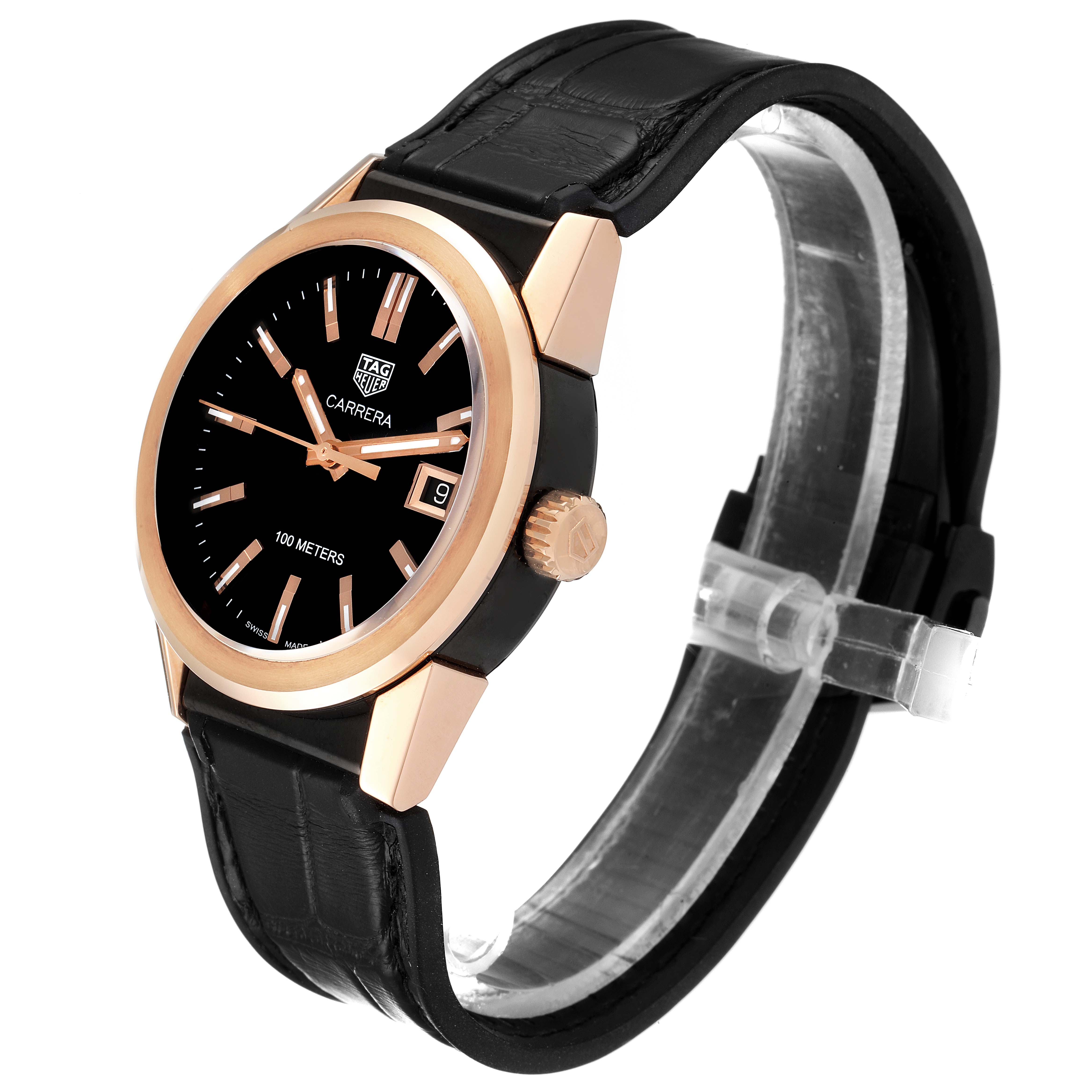 The Tag Heuer Carrera WBG1351.FC6418 Women's Steel and Gold (two tone) Black Dial WBG1351.FC6418 Women's Steel and Gold (two tone) Black Dial model watch is shown from a front-right angle, highlighting its black dial, rose gold accents, and black leather strap.