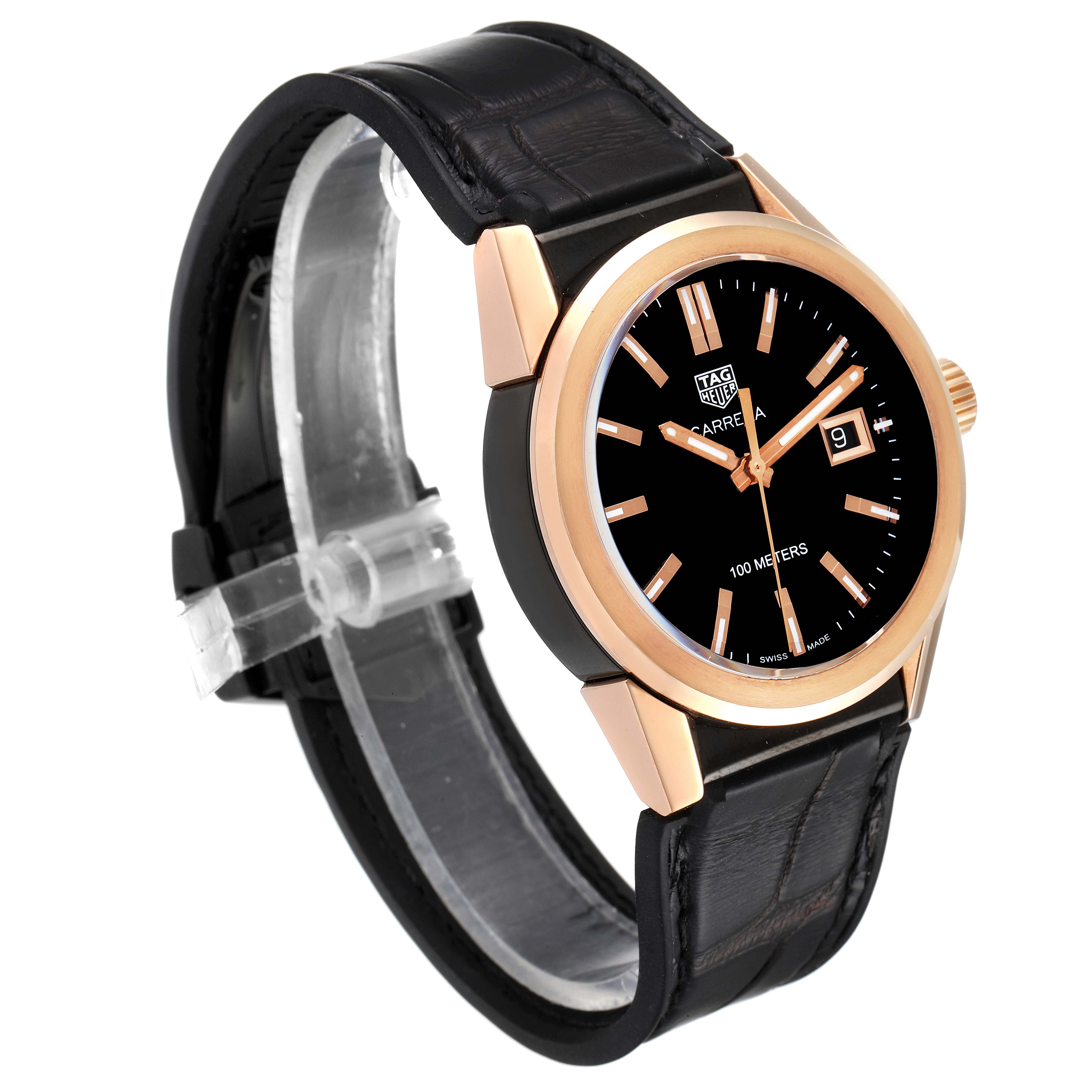 The Tag Heuer Carrera WBG1351.FC6418 Women's Steel and Gold (two tone) Black Dial WBG1351.FC6418 Women's Steel and Gold (two tone) Black Dial watch is shown at a slight angle, highlighting its black dial, rose gold bezel, and black leather strap.
