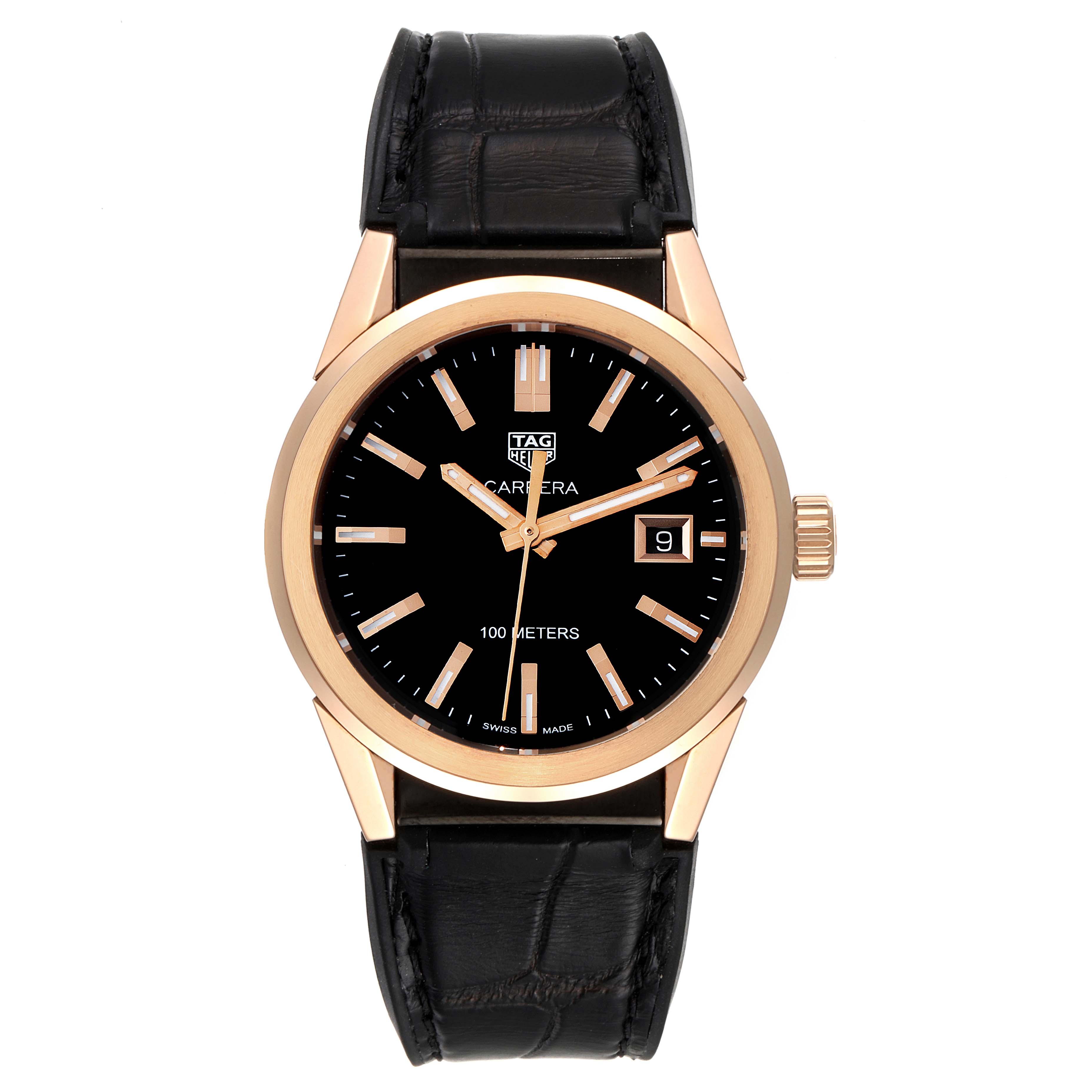 This image shows a front view of the Tag Heuer Carrera WBG1351.FC6418 Women's Steel and Gold (two tone) Black Dial WBG1351.FC6418 Women's Steel and Gold (two tone) Black Dial watch, featuring a black dial, rose gold casing, and a black leather strap.