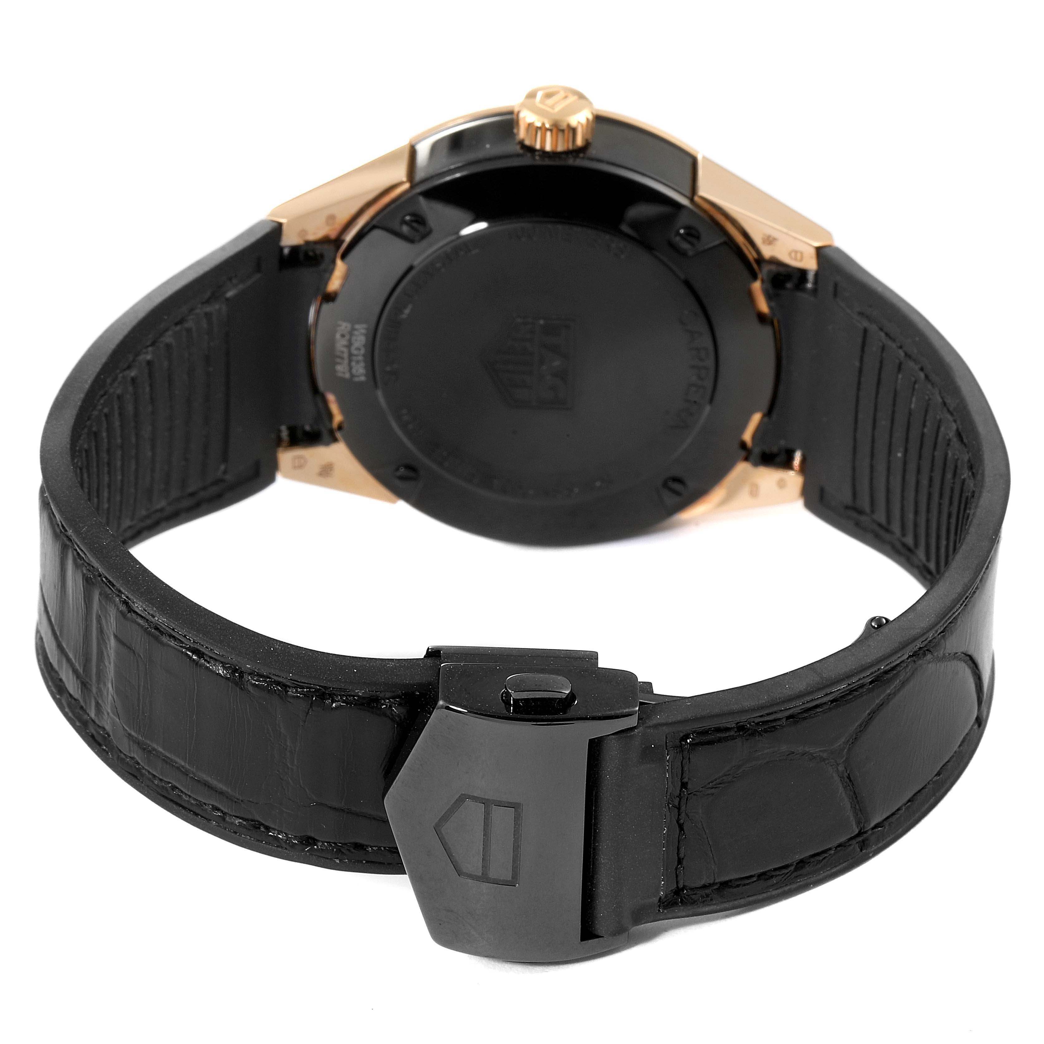 This image shows the back view and clasp of the black leather strap of a Tag Heuer Carrera WBG1351.FC6418 Women's Steel and Gold (two tone) Black Dial WBG1351.FC6418 Women's Steel and Gold (two tone) Black Dial watch.