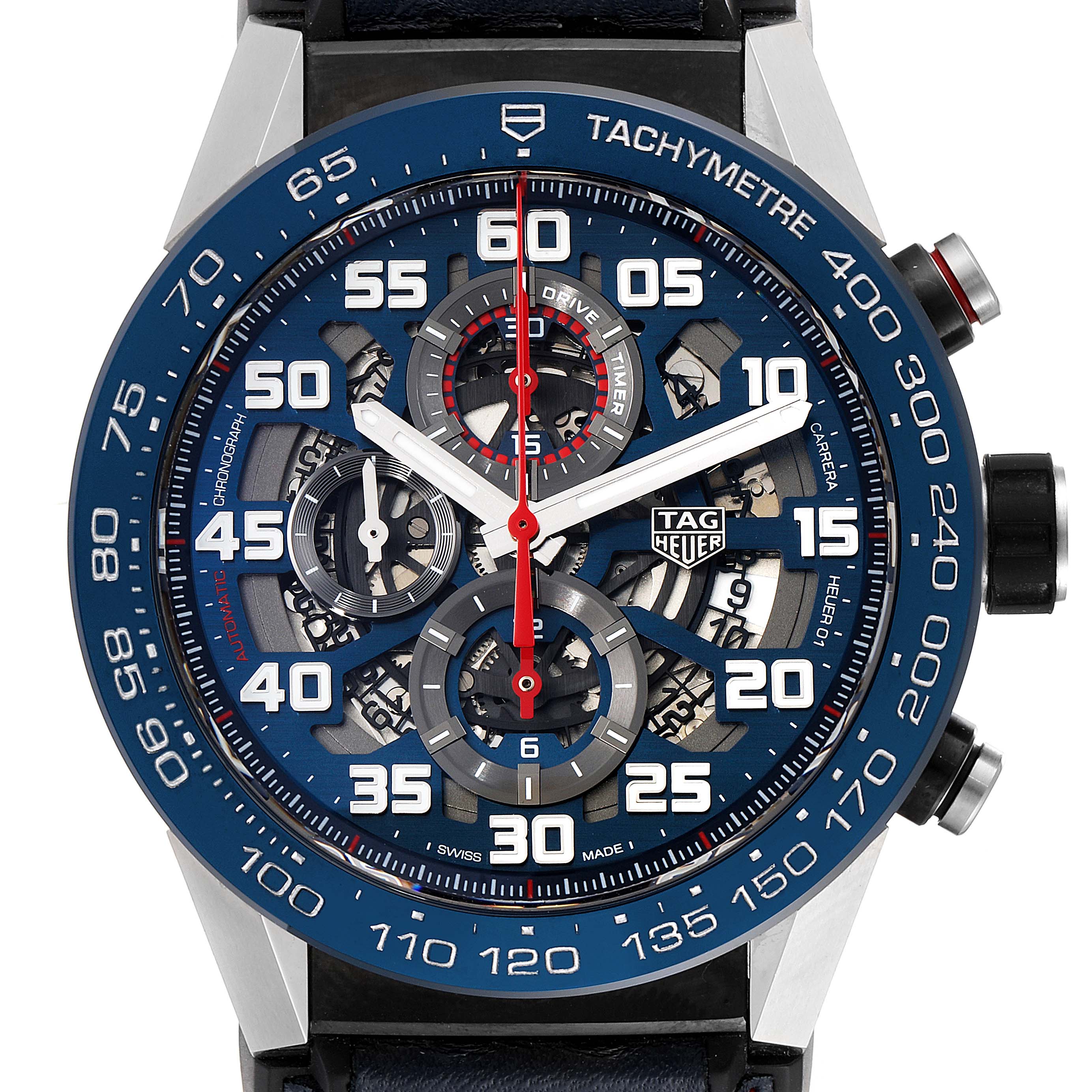 The image shows a close-up of the face and bezel of a Tag Heuer Carrera CAR2A1N.FT6100 Men's Stainless Steel Blue Dial CAR2A1N.FT6100 Men's Stainless Steel Blue Dial watch, highlighting the chronograph and tachymeter.