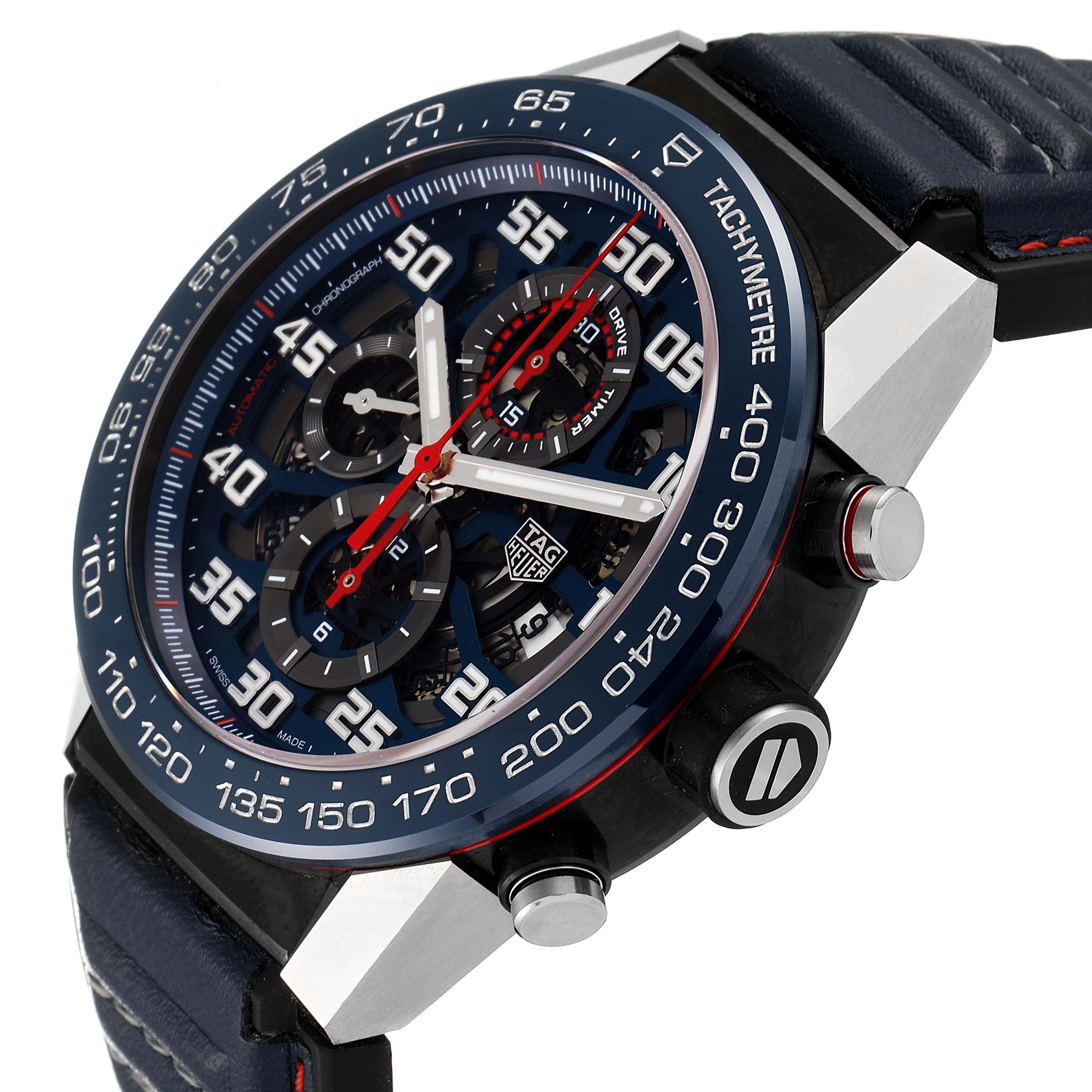 The Tag Heuer Carrera CAR2A1N.FT6100 Men's Stainless Steel Blue Dial CAR2A1N.FT6100 Men's Stainless Steel Blue Dial watch is shown at an angle displaying the face, tachymetre bezel, and side pushers.