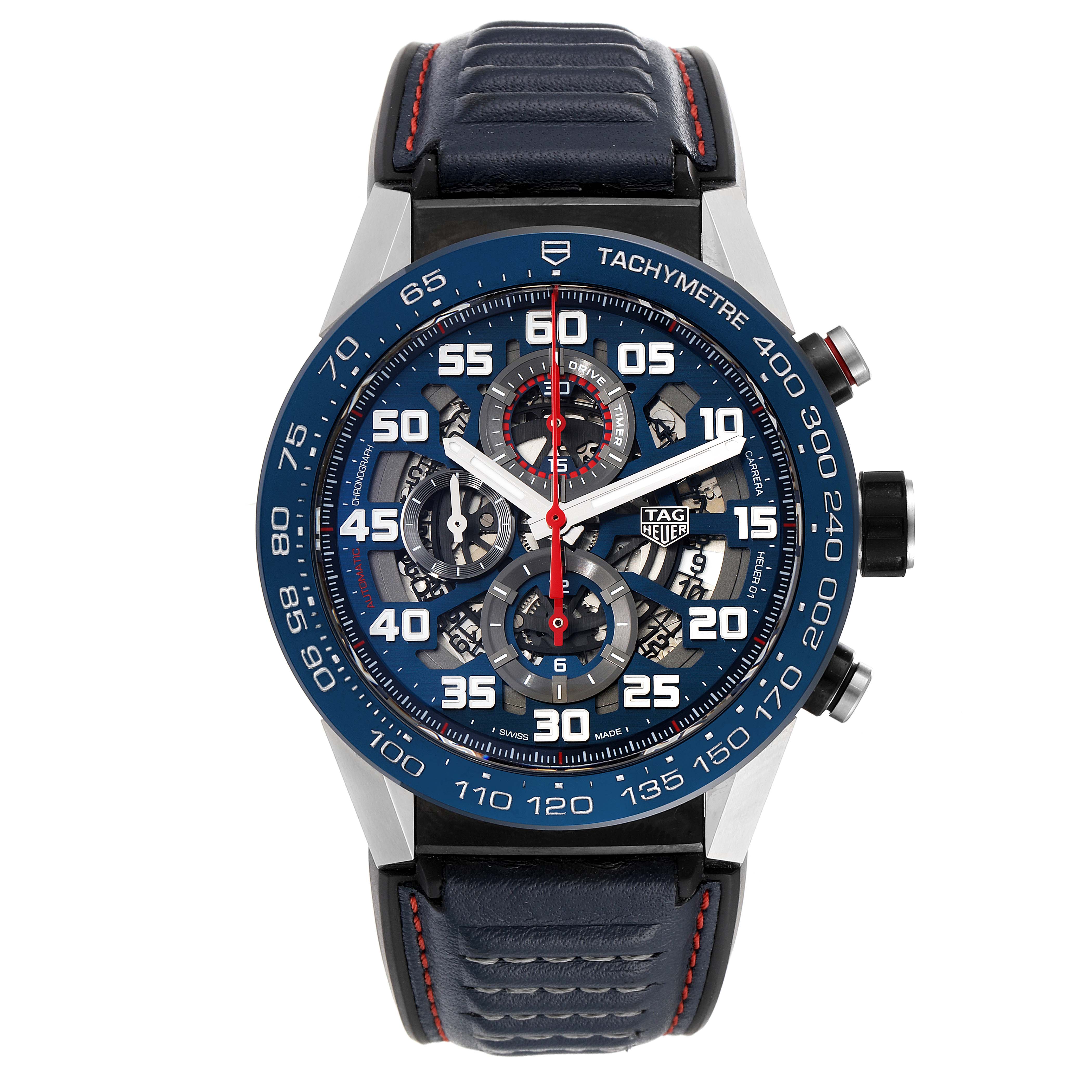 The image shows a Tag Heuer Carrera CAR2A1N.FT6100 Men's Stainless Steel Blue Dial CAR2A1N.FT6100 Men's Stainless Steel Blue Dial watch from a head-on angle, displaying the face, bezel, and strap.