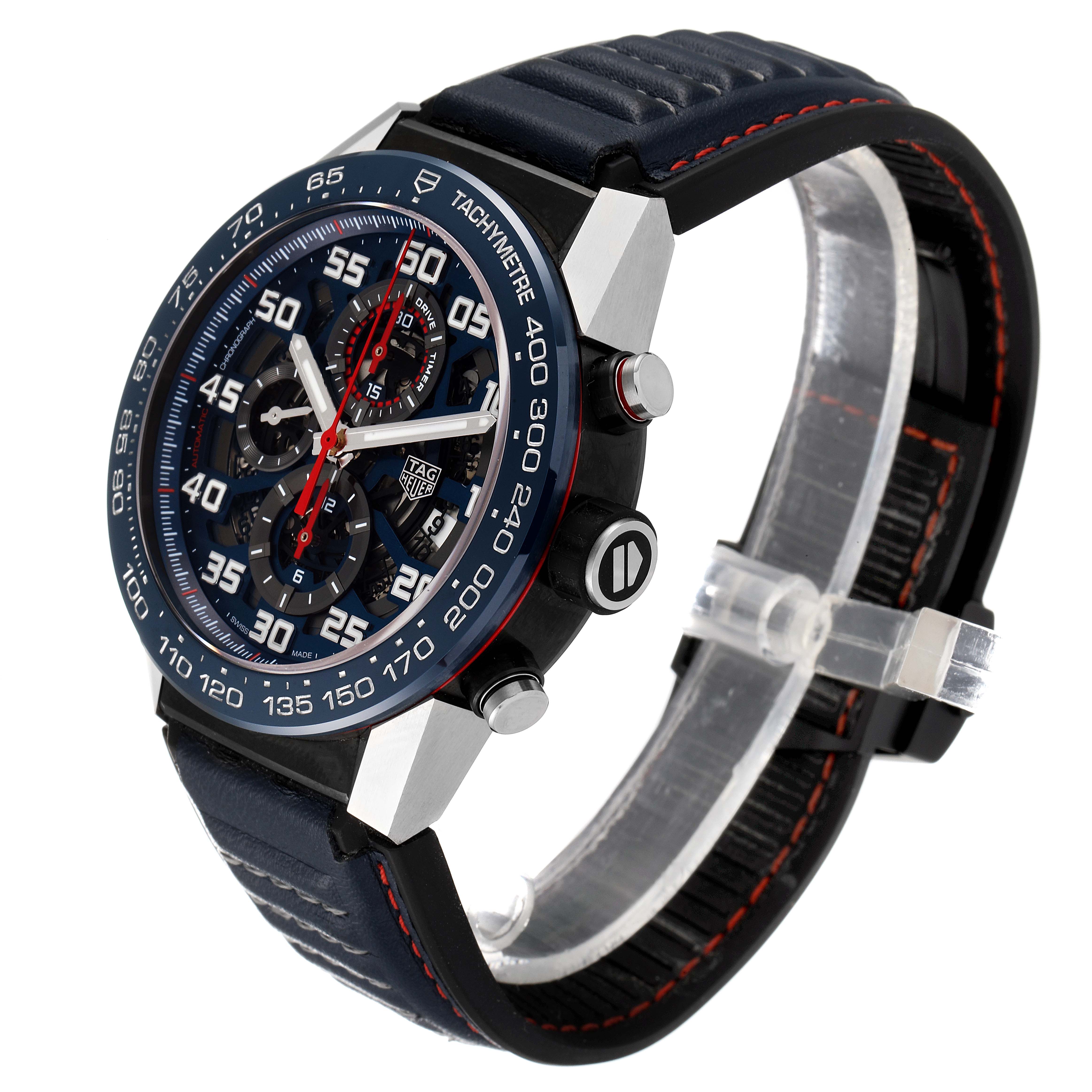 The image shows a three-quarter angle of the Tag Heuer Carrera CAR2A1N.FT6100 Men's Stainless Steel Blue Dial CAR2A1N.FT6100 Men's Stainless Steel Blue Dial watch, highlighting the face, bezel, pushers, and strap.