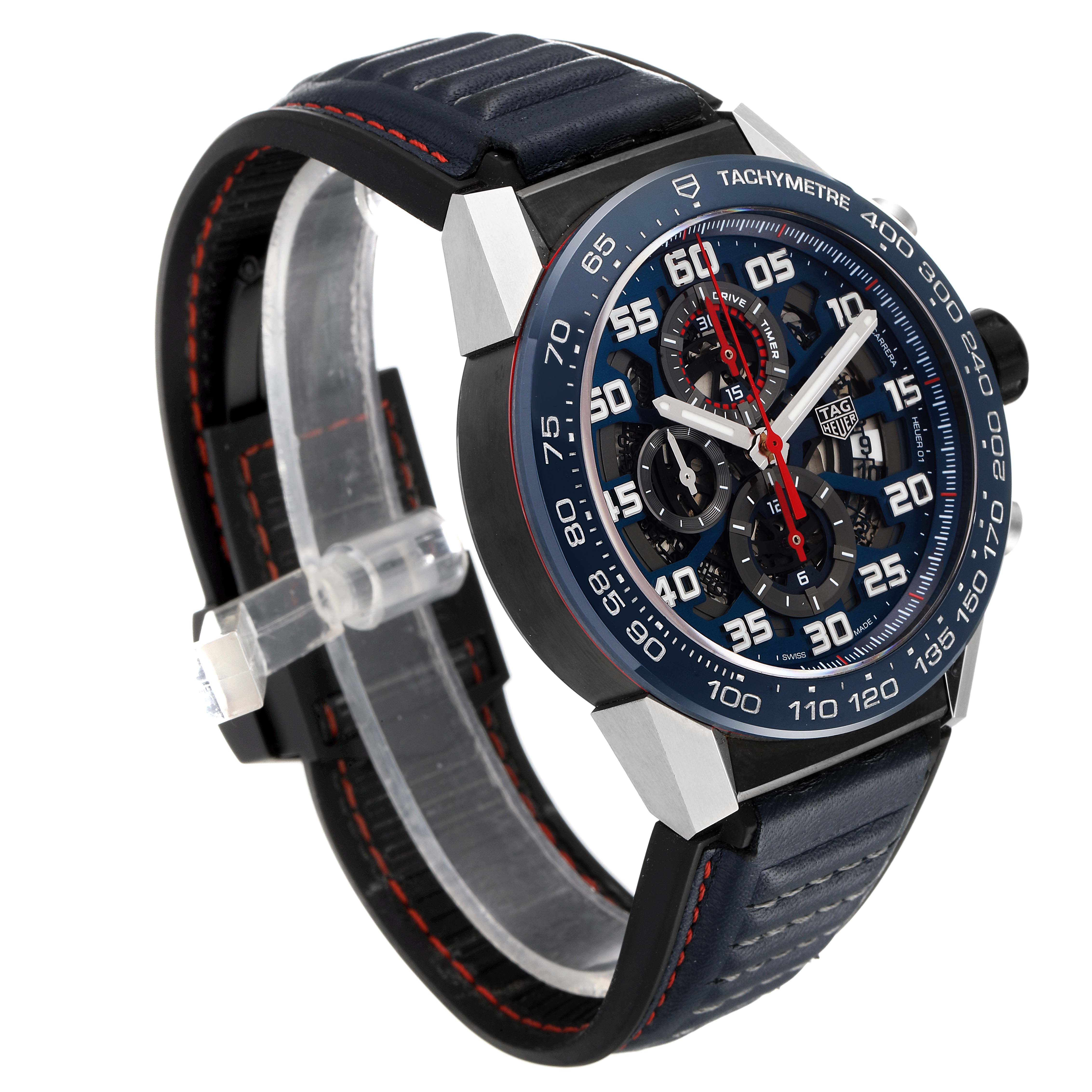 The image shows a side and partial front angle of the Tag Heuer Carrera CAR2A1N.FT6100 Men's Stainless Steel Blue Dial CAR2A1N.FT6100 Men's Stainless Steel Blue Dial watch, highlighting its dial, bezel, and strap.