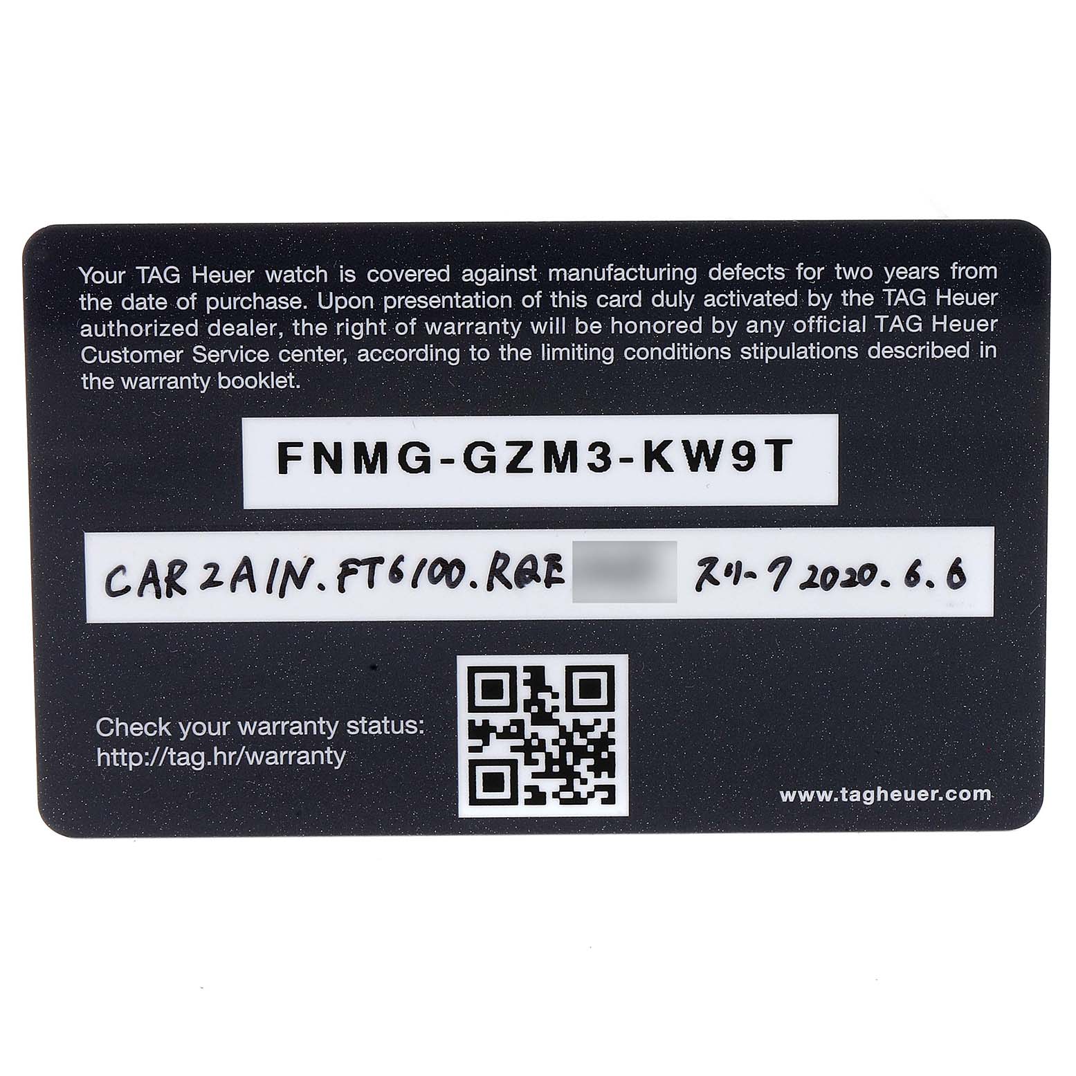 The image shows a warranty card for the Carrera model by Tag Heuer, with warranty details and a QR code.