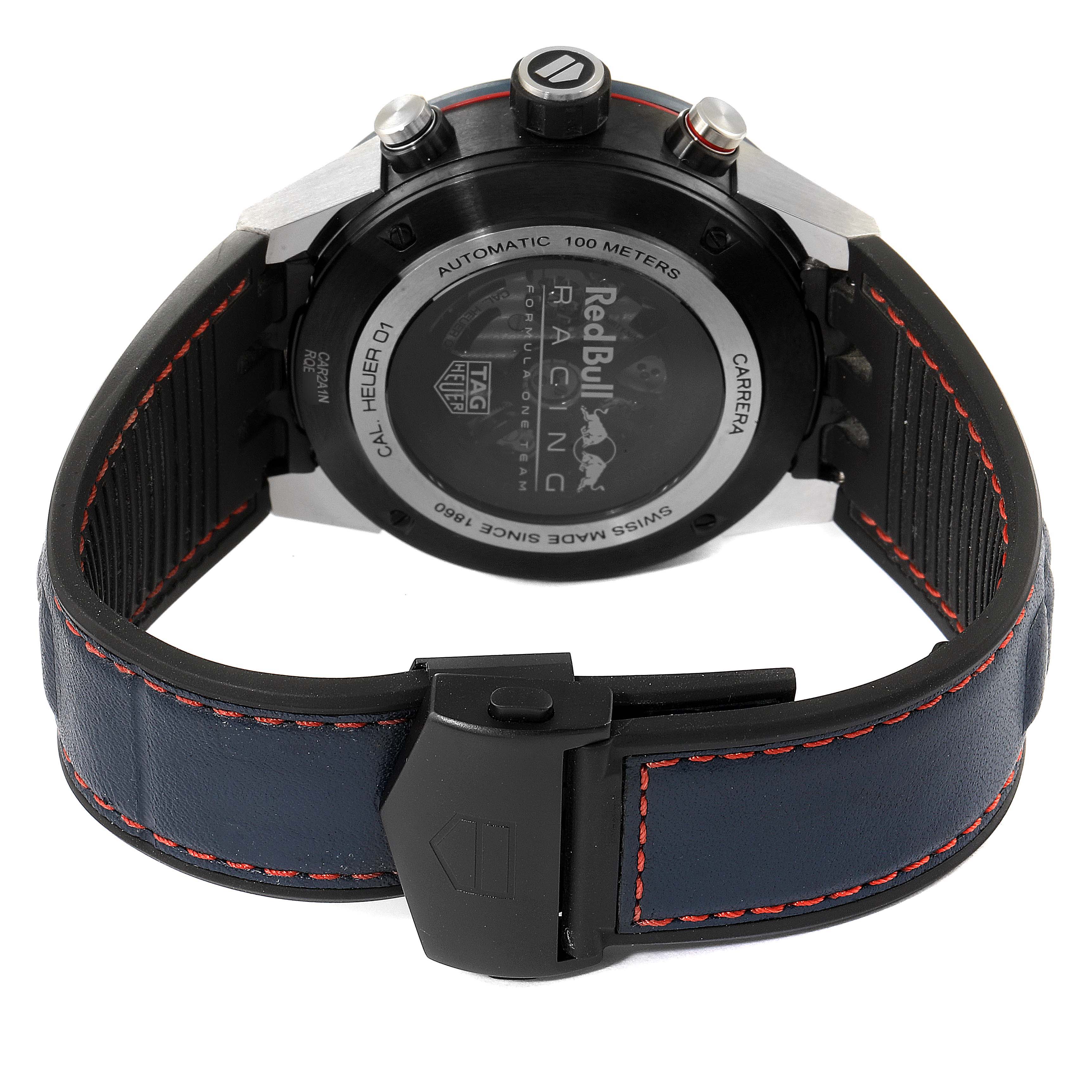 This image shows the back view of a Tag Heuer Carrera CAR2A1N.FT6100 Men's Stainless Steel Blue Dial CAR2A1N.FT6100 Men's Stainless Steel Blue Dial watch, displaying the case back, buttons, and part of the strap.