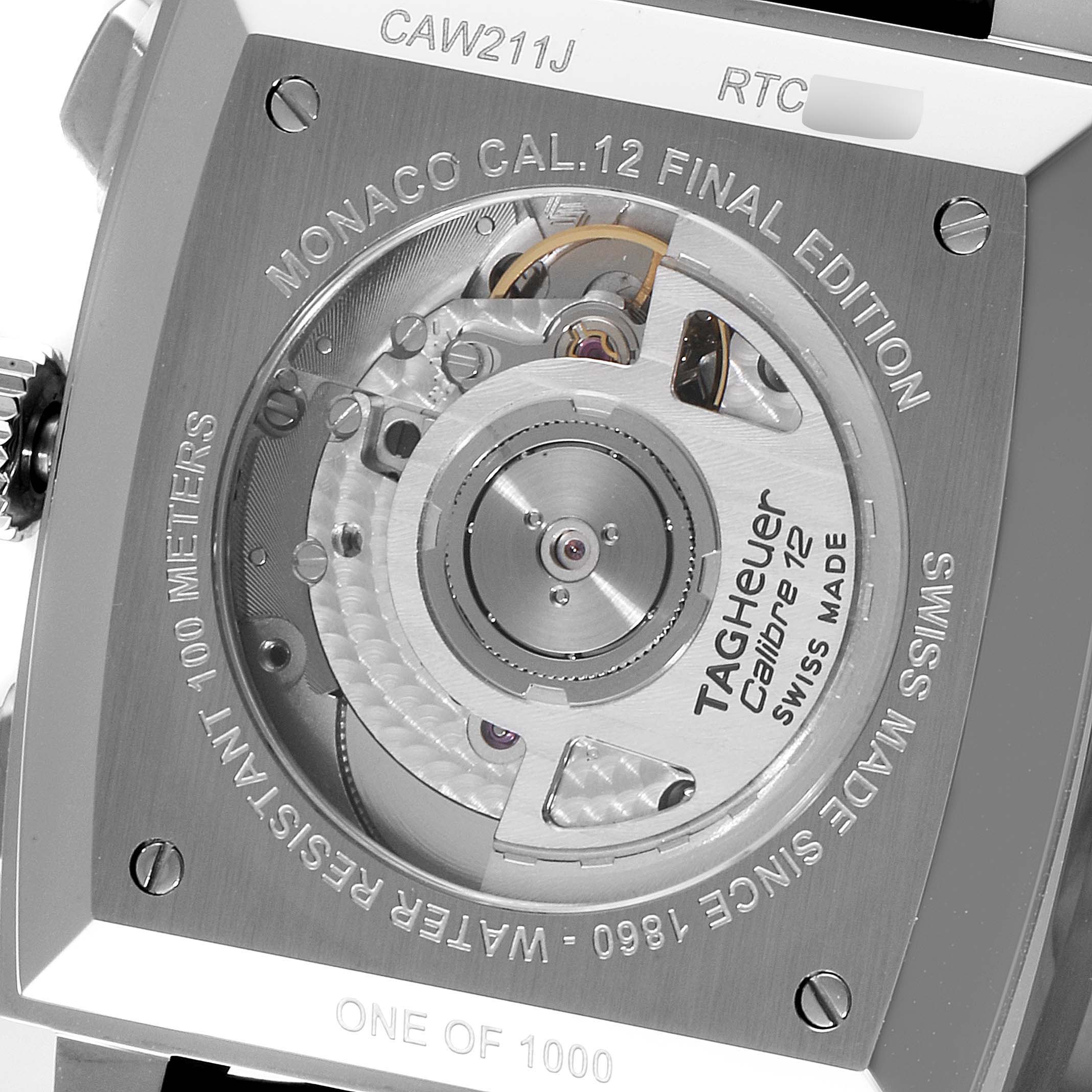 The image shows the case back of the Tag Heuer Monaco Calibre 12 watch, displaying the movement and engravings.