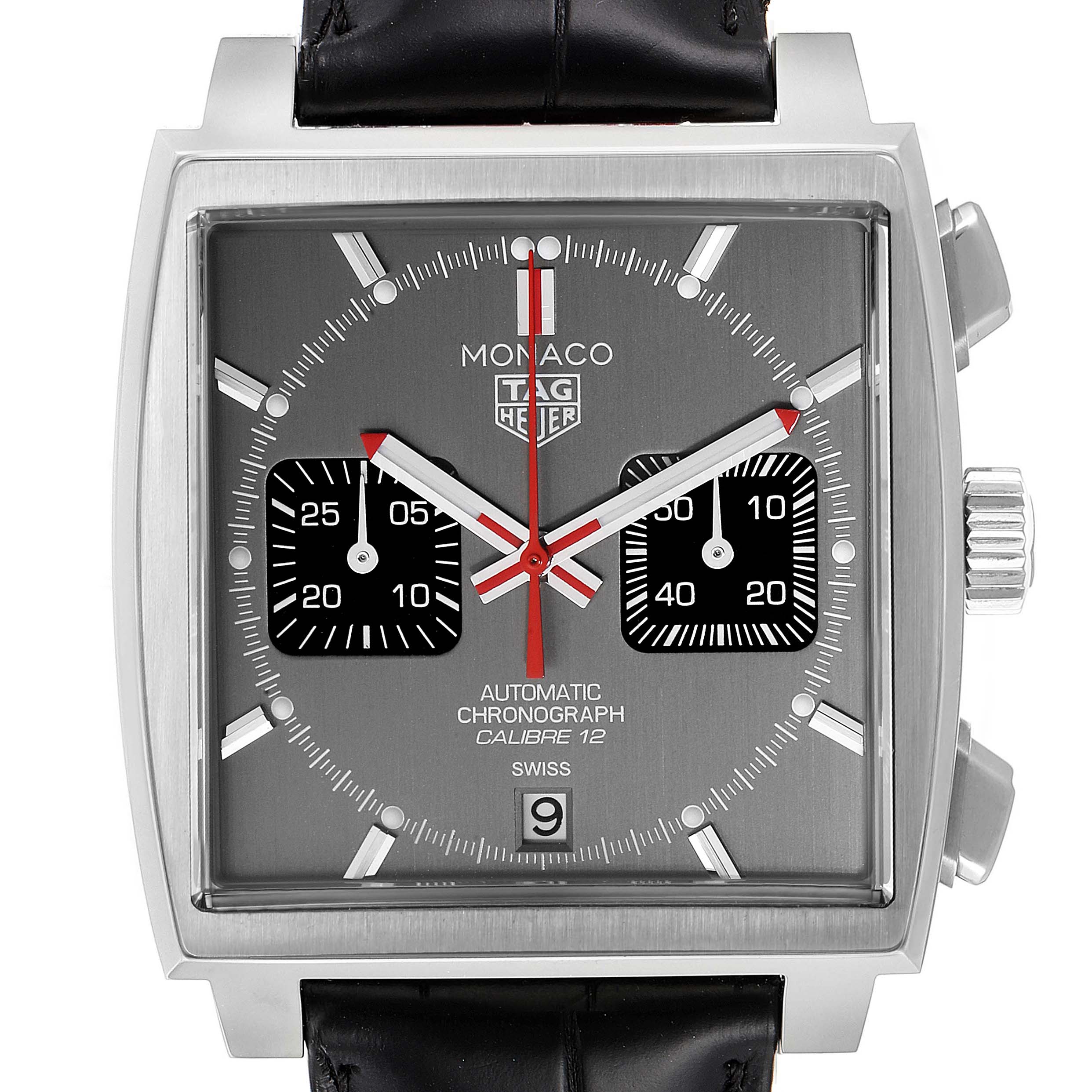 This image shows a frontal view of the Tag Heuer Monaco Limited Edition watch, highlighting the dial, hands, and chronograph subdials.