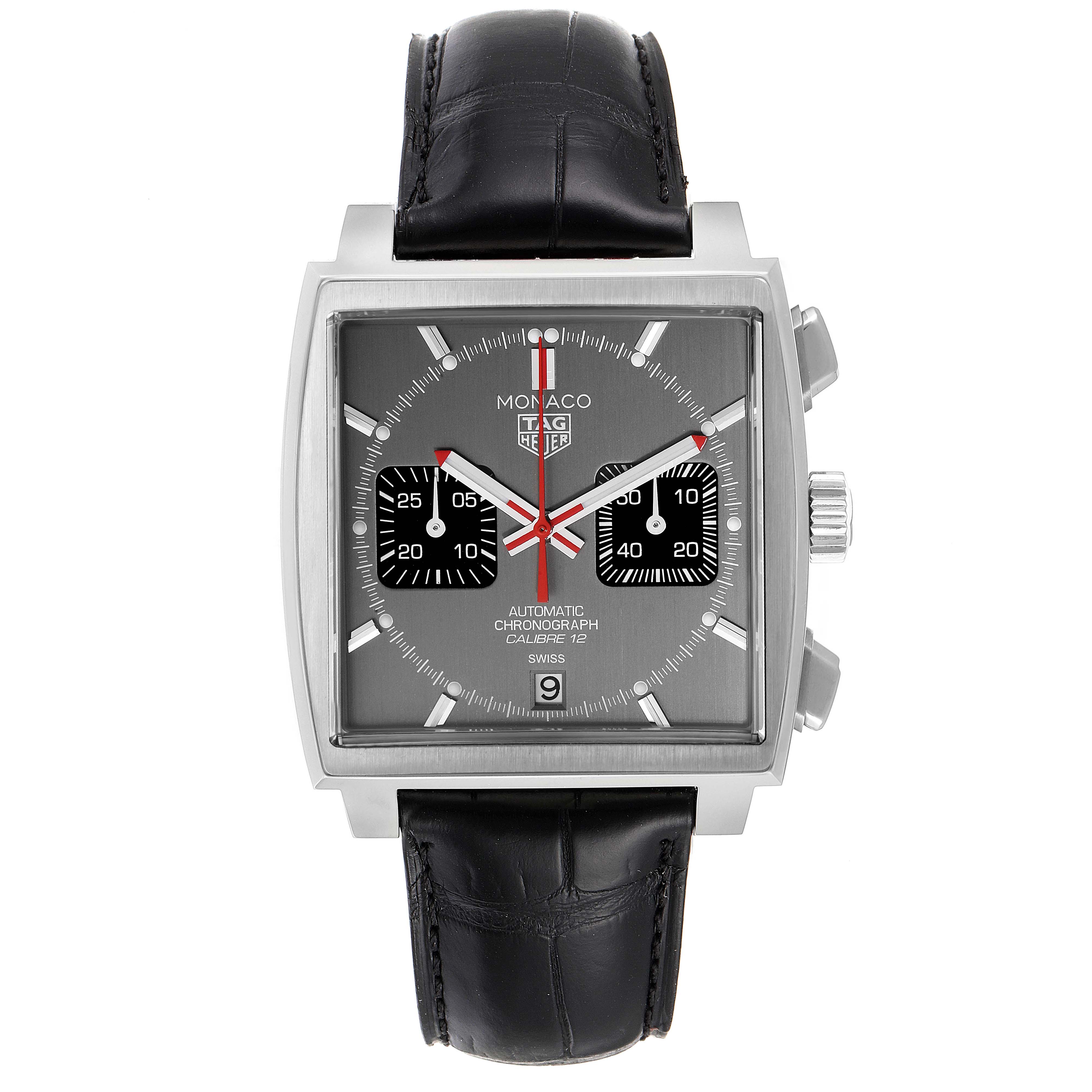 The image shows a front view of the Tag Heuer Monaco watch, highlighting its square face, chronograph subdials, and black leather strap.