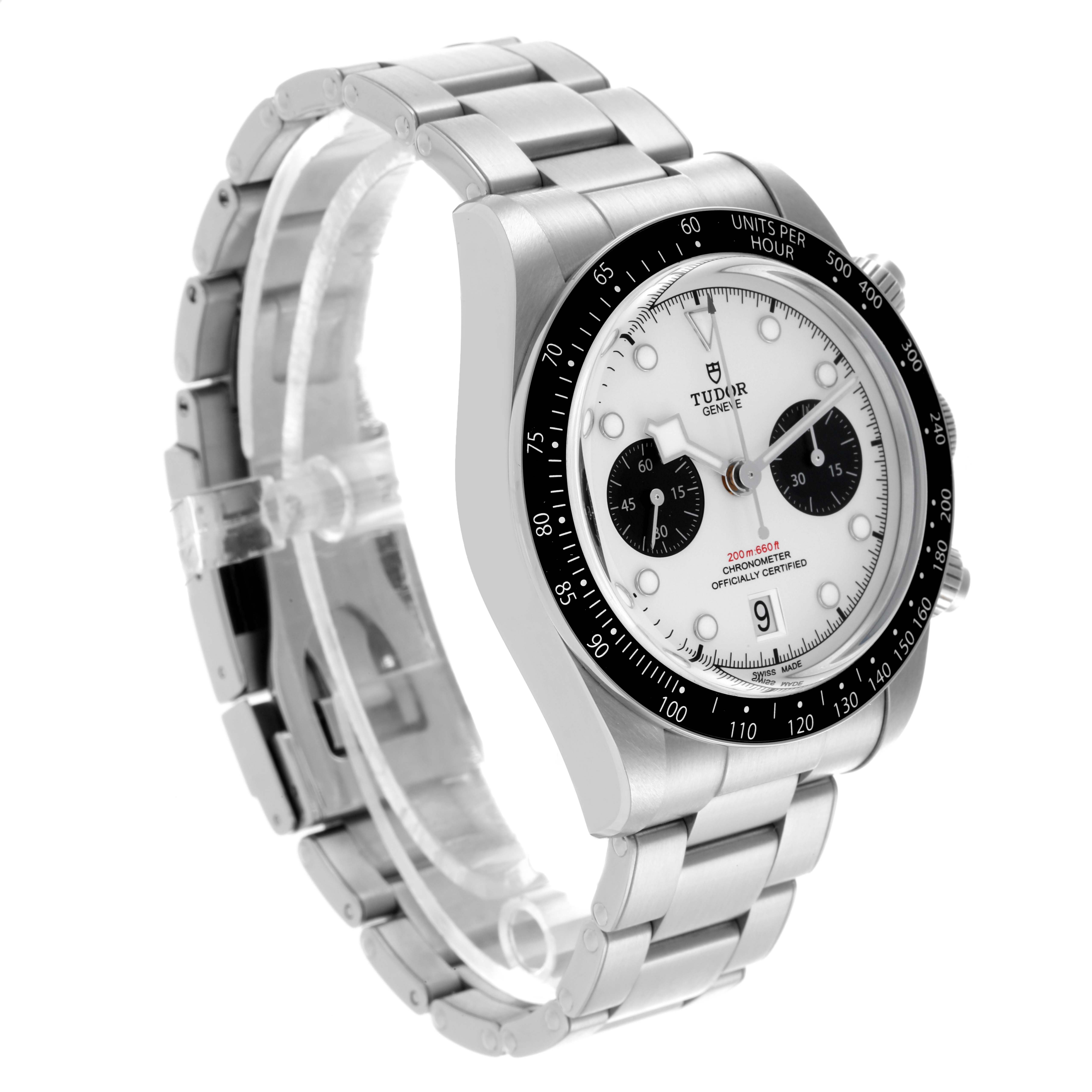 The Tudor Heritage Chrono M79360N-002 Men
s Stainless Steel Silver Dial M79360N-002 Men
s Stainless Steel Silver Dial watch is shown at a three-quarter angle, highlighting the case, dial, bezel, and bracelet.