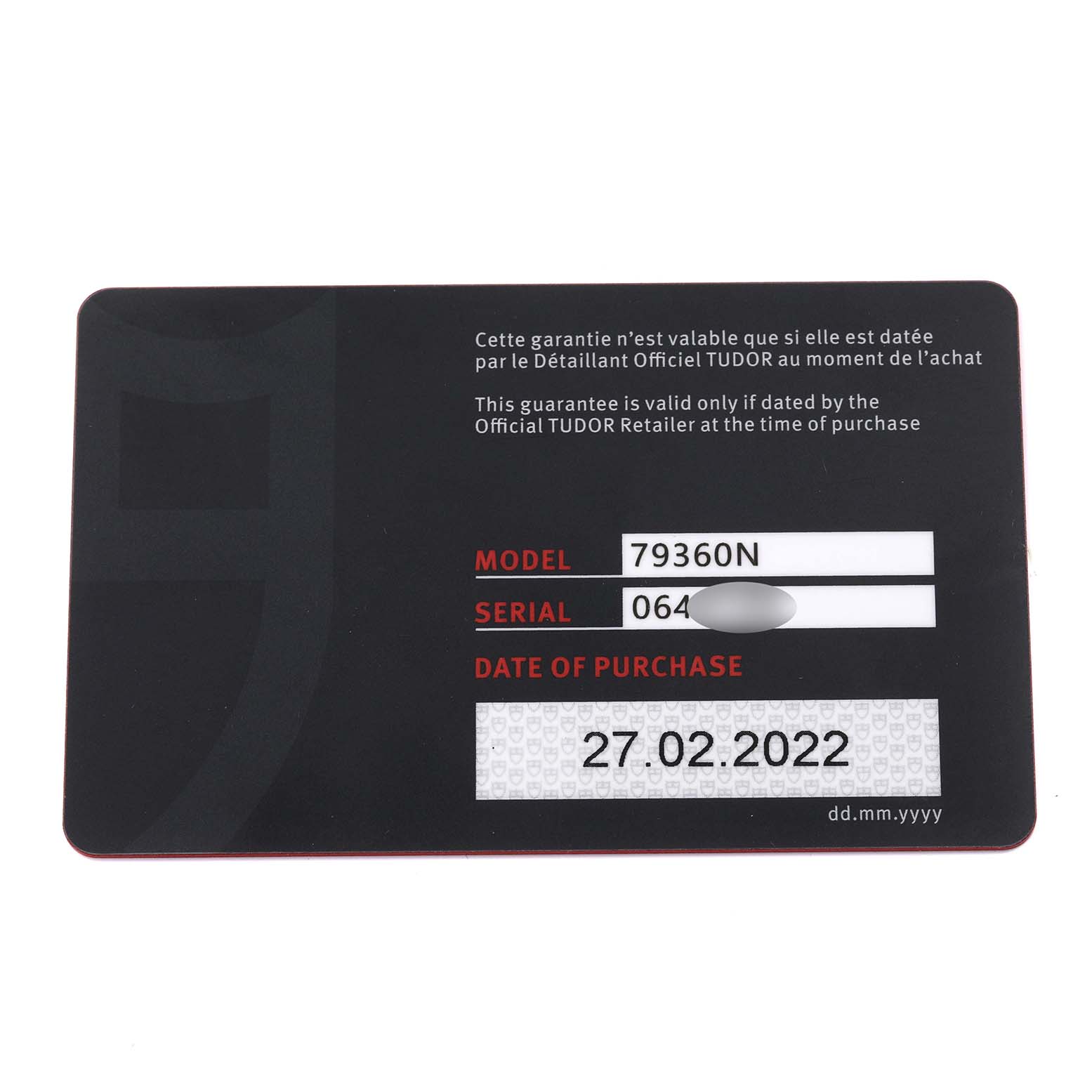 The image shows a warranty card for the Tudor Heritage Chrono M79360N-002 Men
s Stainless Steel Silver Dial M79360N-002 Men
s Stainless Steel Silver Dial, displaying the model number and purchase date.