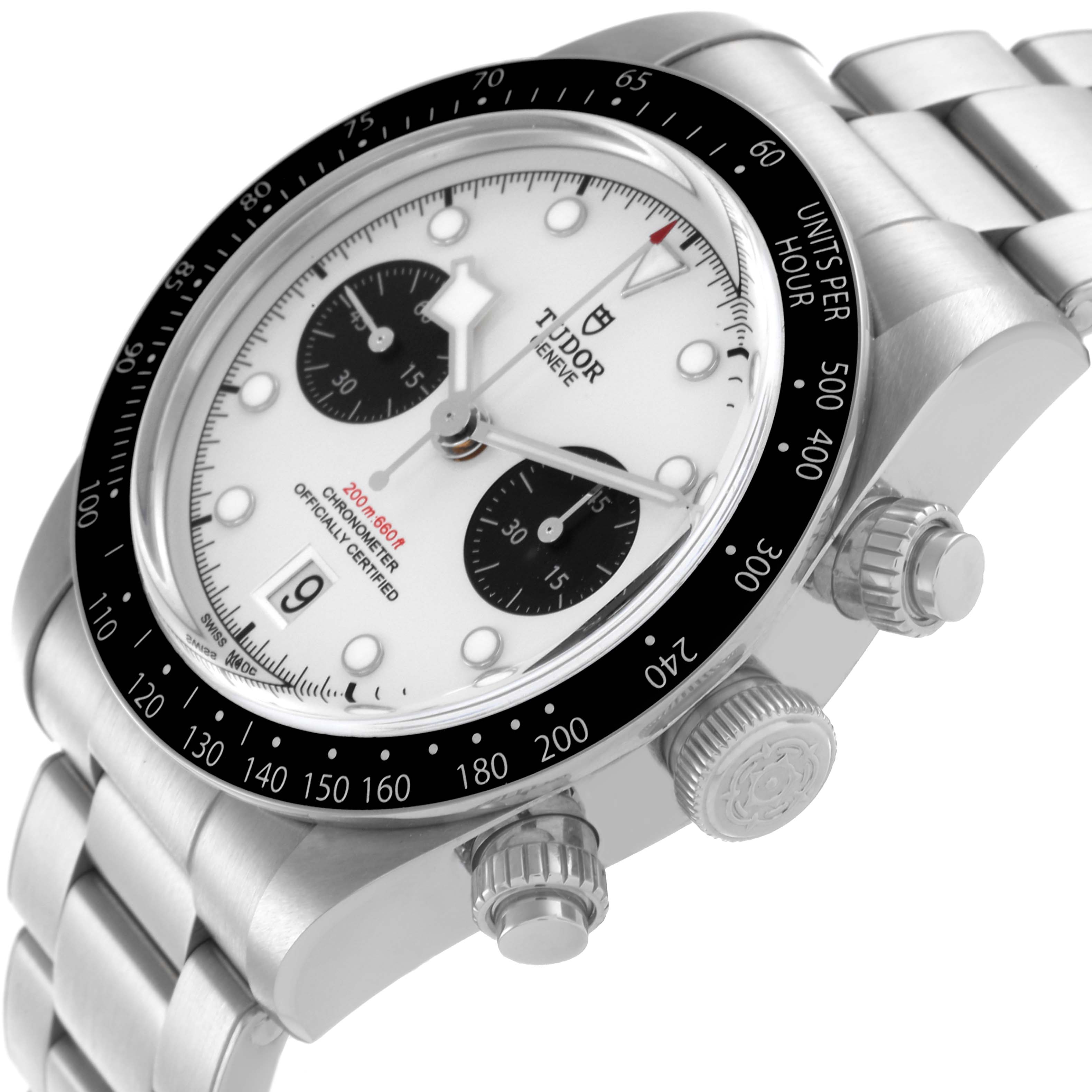 The Tudor Heritage Chrono M79360N-002 Men
s Stainless Steel Silver Dial M79360N-002 Men
s Stainless Steel Silver Dial is shown at a three-quarter angle, highlighting the face, bezel, crown, and bracelet.
