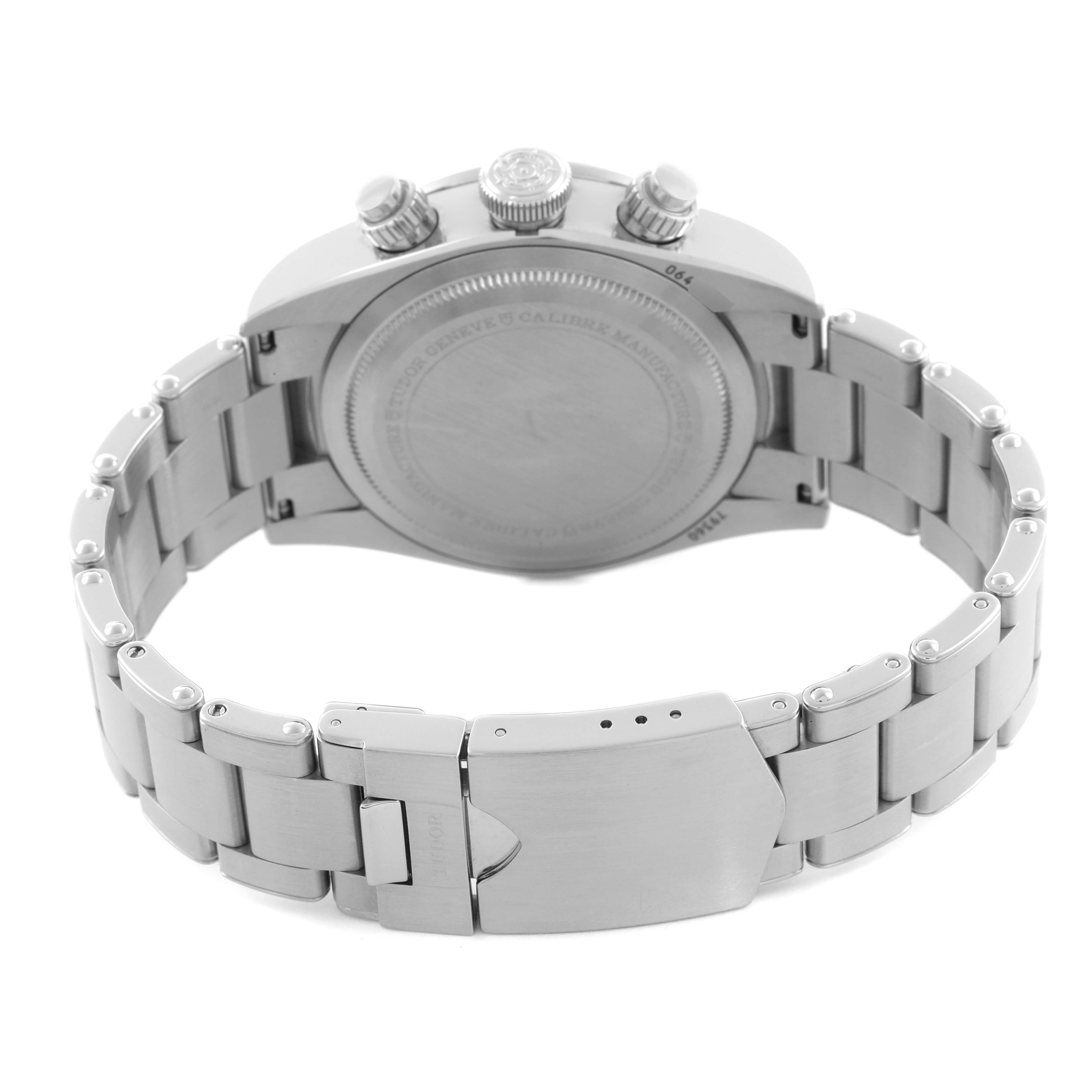 The image shows the back and clasp of a Tudor Heritage Chrono M79360N-002 Men
s Stainless Steel Silver Dial M79360N-002 Men
s Stainless Steel Silver Dial watch at an angled view.