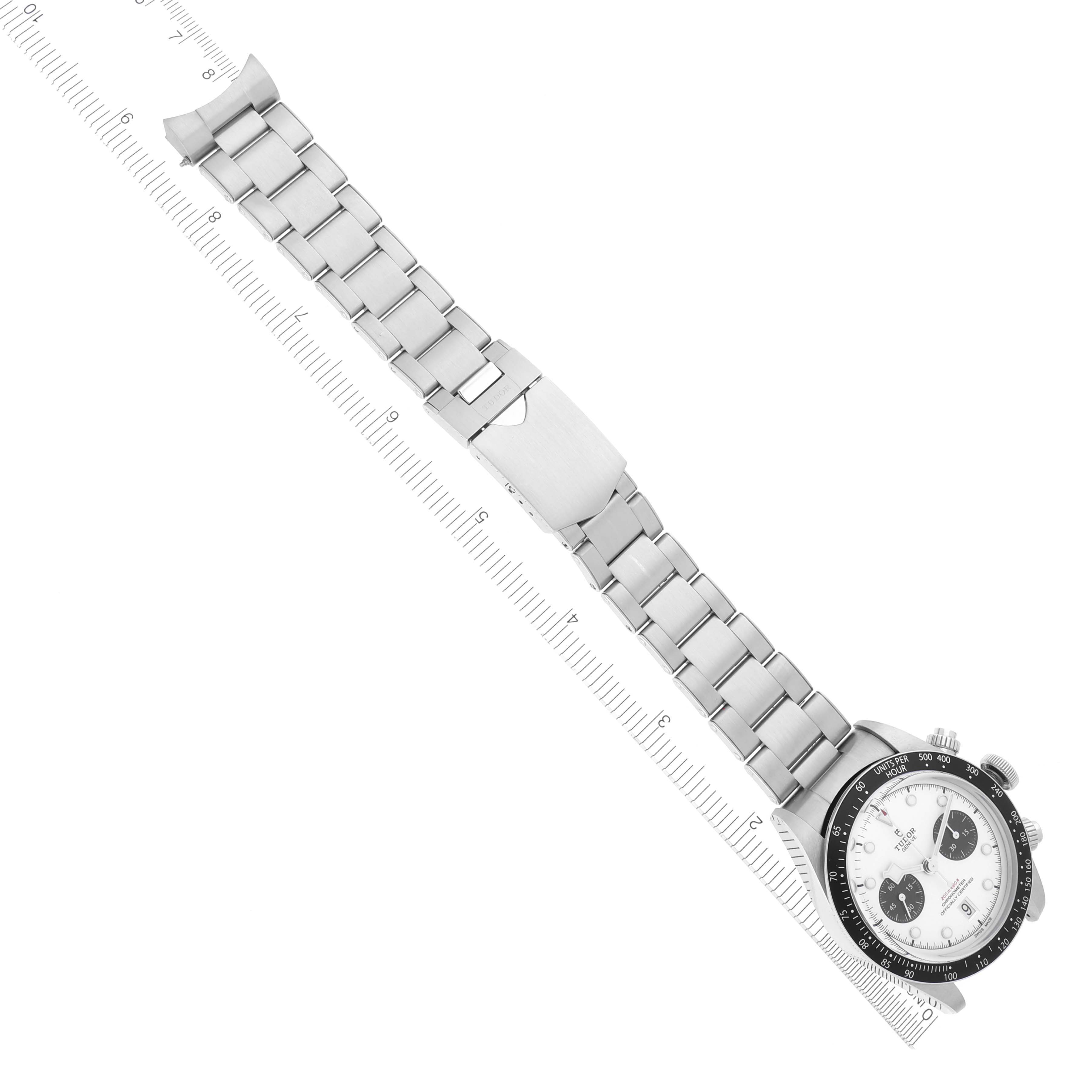 The Tudor Heritage Chrono M79360N-002 Men
s Stainless Steel Silver Dial M79360N-002 Men
s Stainless Steel Silver Dial watch is shown from a top view, displaying the face, bezel, and full metal bracelet with clasp.