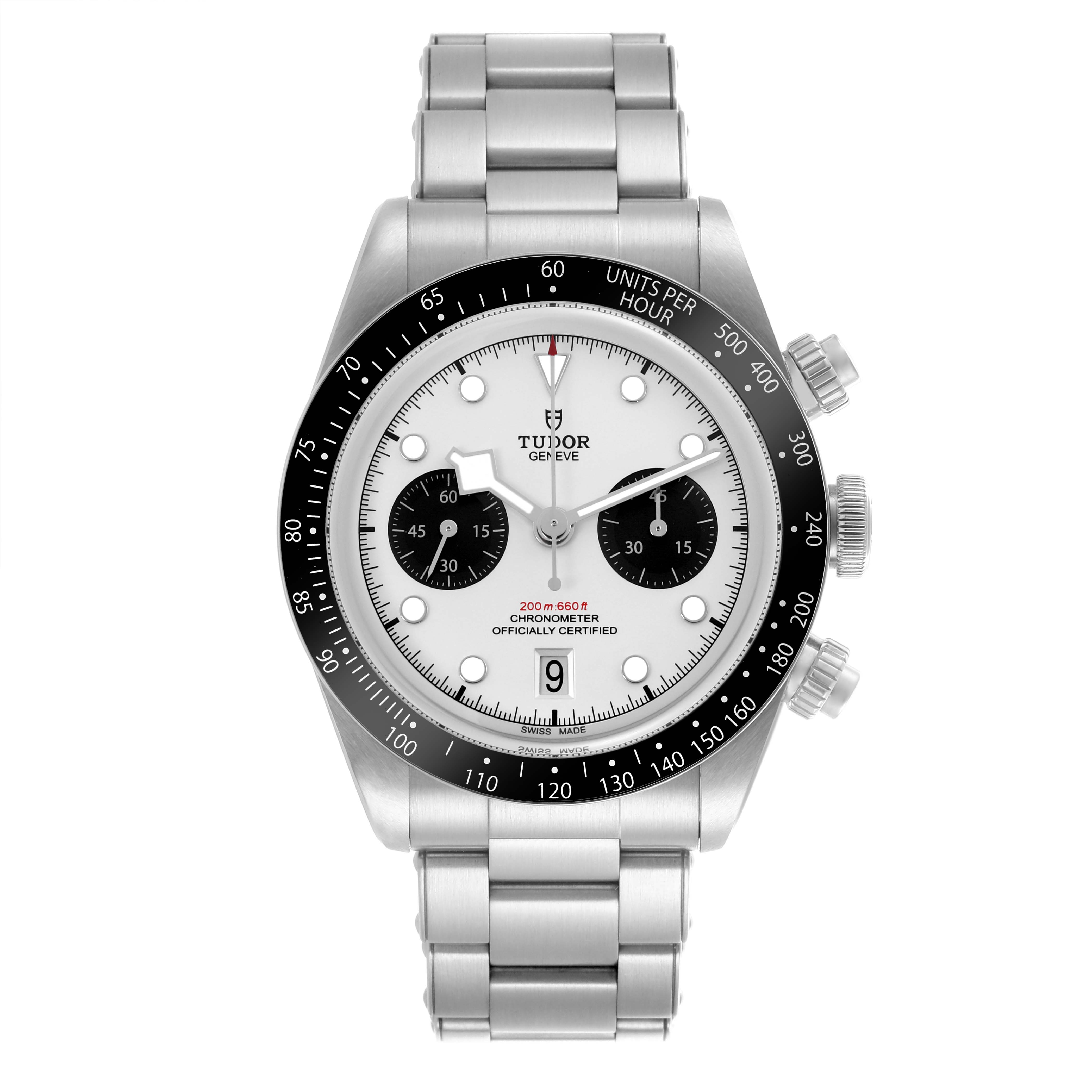 The Tudor Heritage Chrono M79360N-002 Men
s Stainless Steel Silver Dial M79360N-002 Men
s Stainless Steel Silver Dial watch is shown from a top-down angle, highlighting the bezel, dial, and bracelet.