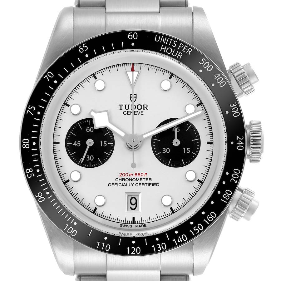 The Tudor Heritage Chrono is shown from the front, displaying the dial, bezel, chronograph sub-dials, and crown.