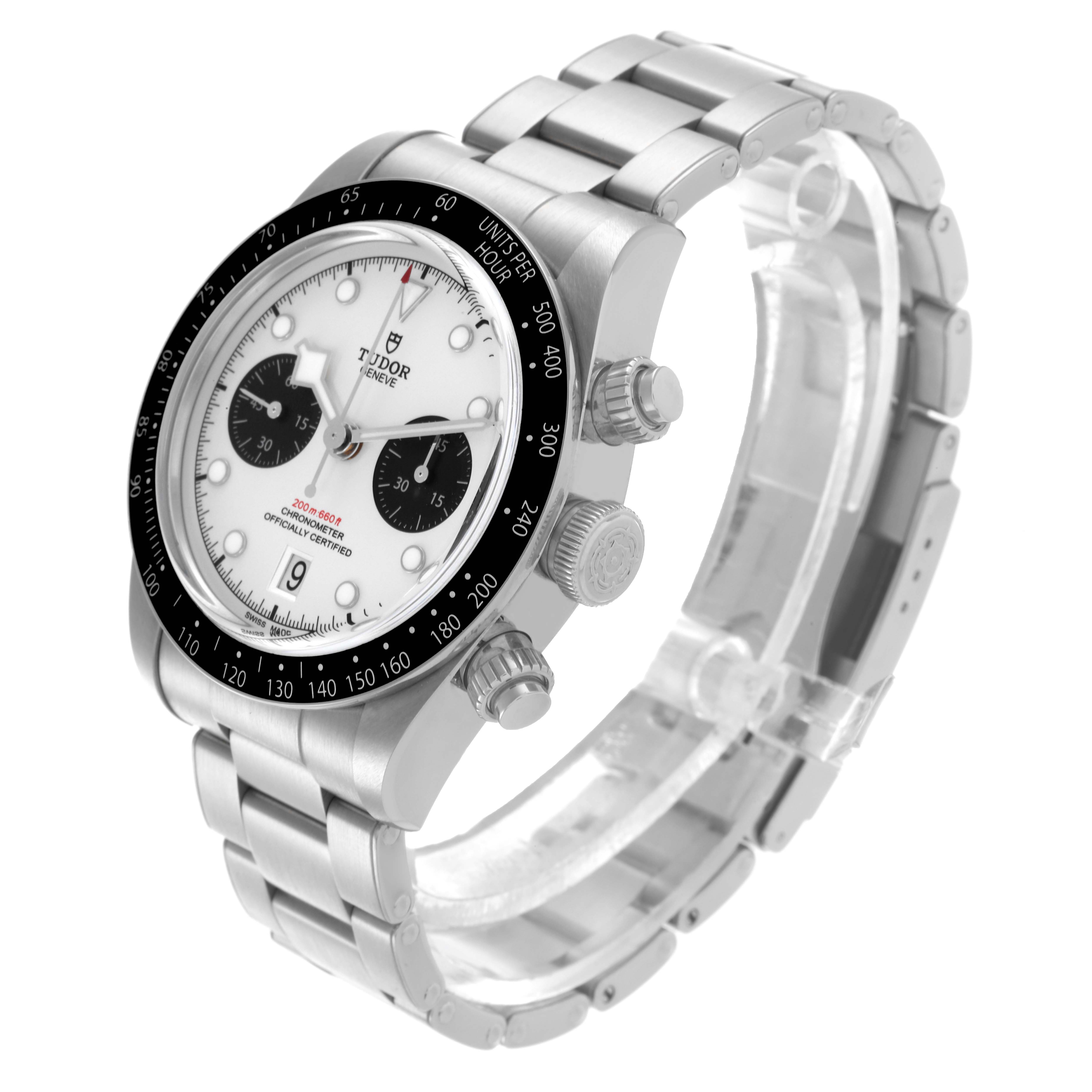 The Tudor Heritage Chrono M79360N-002 Men
s Stainless Steel Silver Dial M79360N-002 Men
s Stainless Steel Silver Dial watch is shown at a three-quarter angle, highlighting the face, bezel, crown, and bracelet.