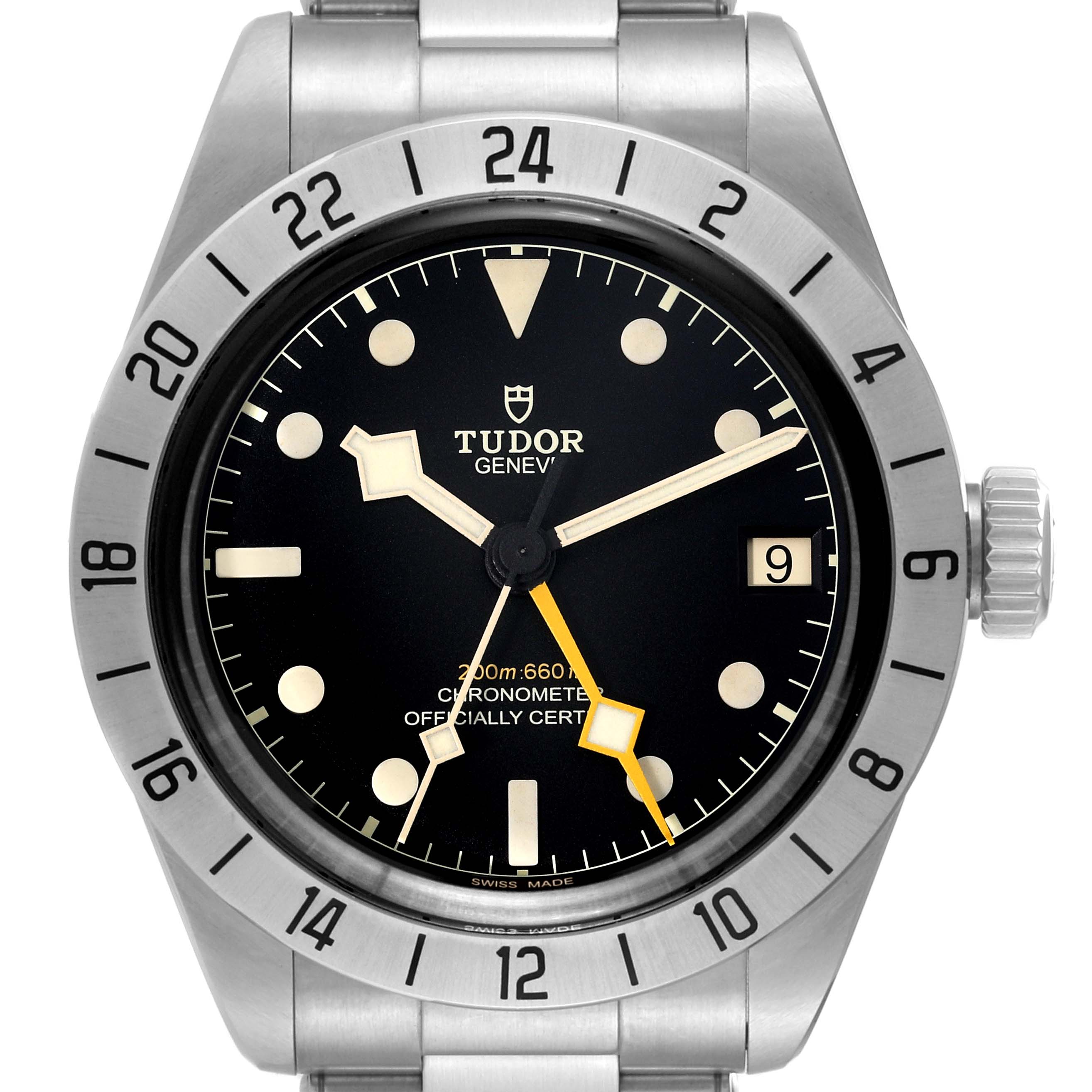 The image shows a front view of the Tudor Heritage Black Bay M79470-0003 Men
s Stainless Steel Black Dial M79470-0003 Men
s Stainless Steel Black Dial watch, highlighting the dial, bezel, and crown.