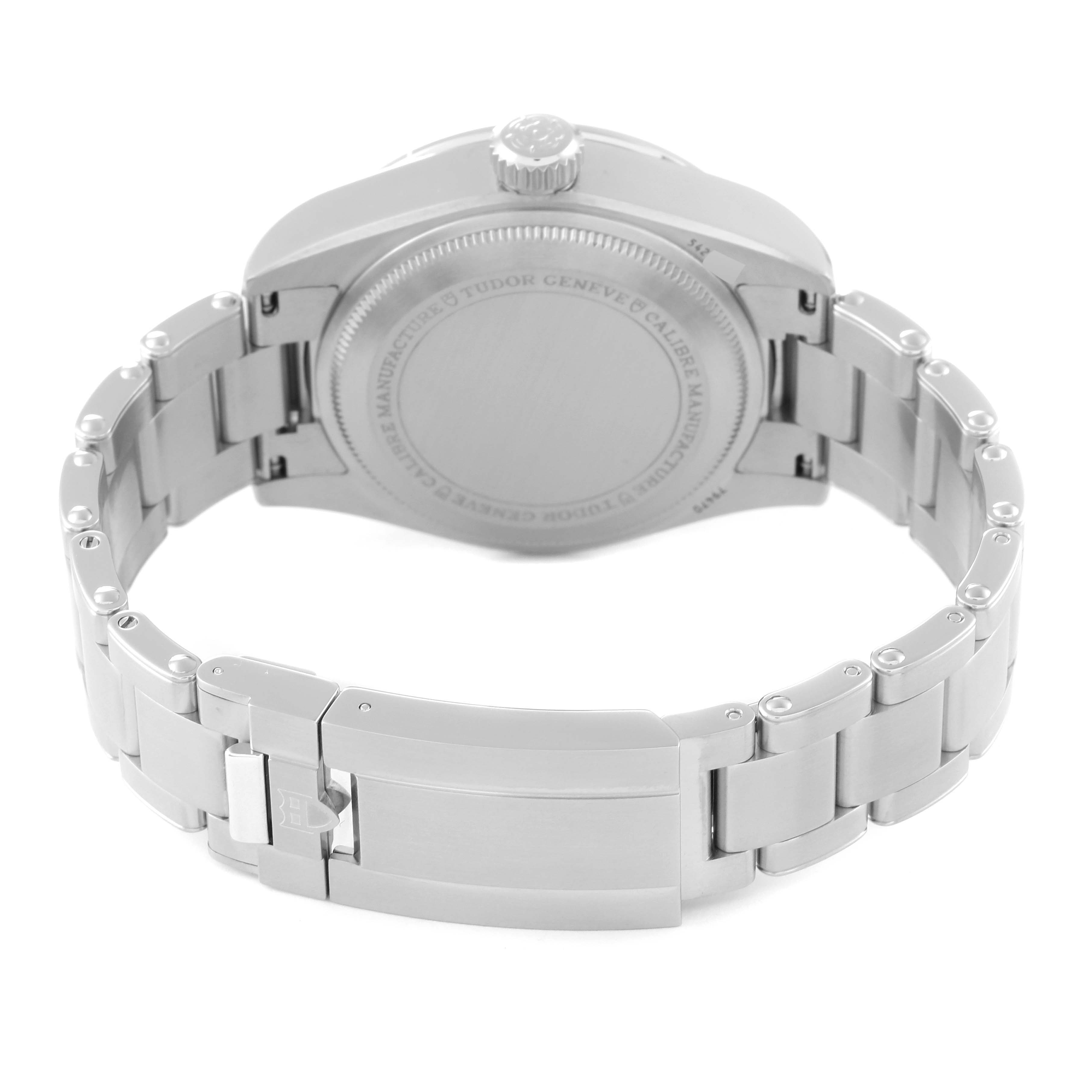 The image shows the backside and clasp of the Tudor Heritage Black Bay M79470-0003 Men
s Stainless Steel Black Dial M79470-0003 Men
s Stainless Steel Black Dial watch, highlighting its stainless steel bracelet and caseback.