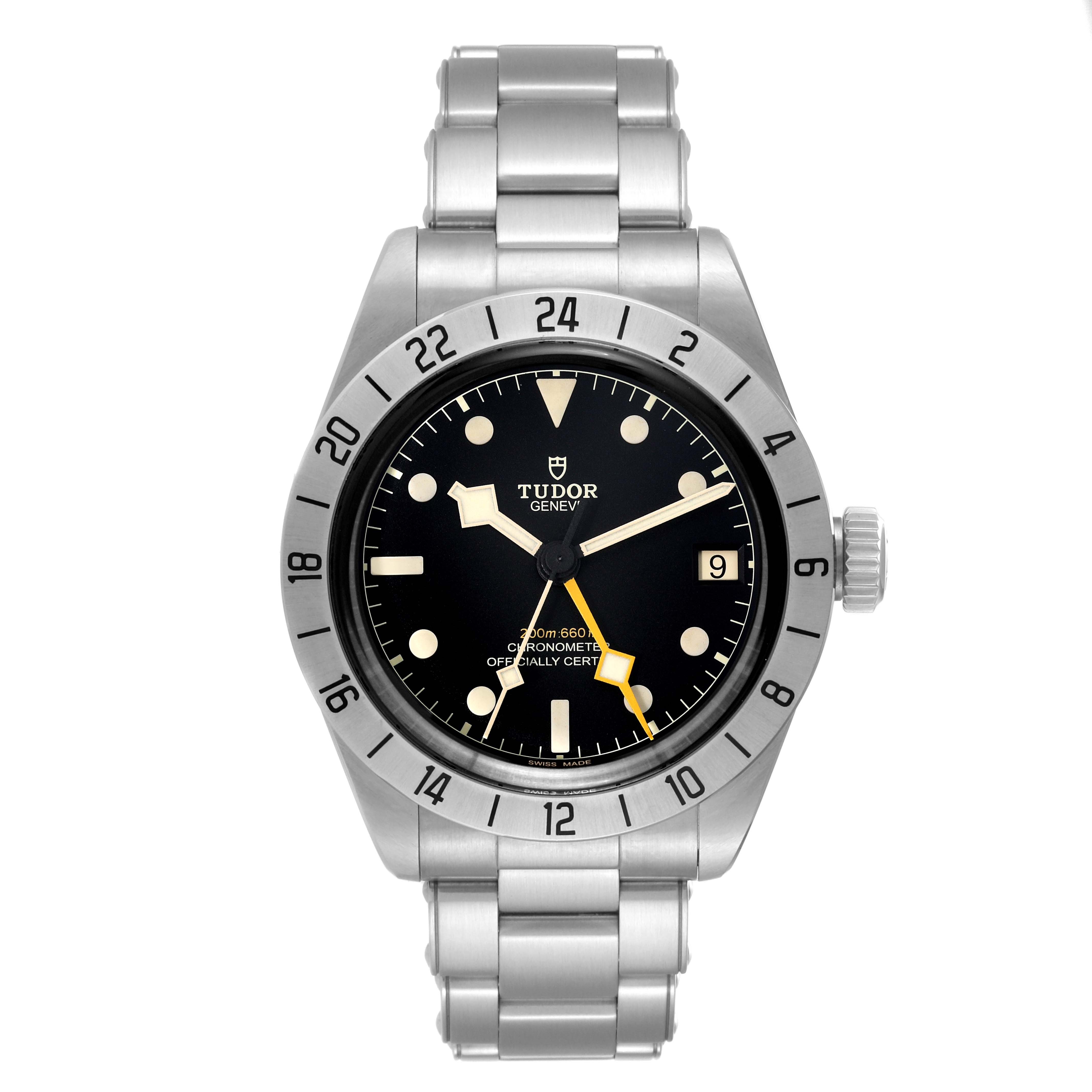 The image shows a frontal view of the Tudor Heritage Black Bay M79470-0003 Men
s Stainless Steel Black Dial M79470-0003 Men
s Stainless Steel Black Dial watch, displaying its dial, bezel, and bracelet.