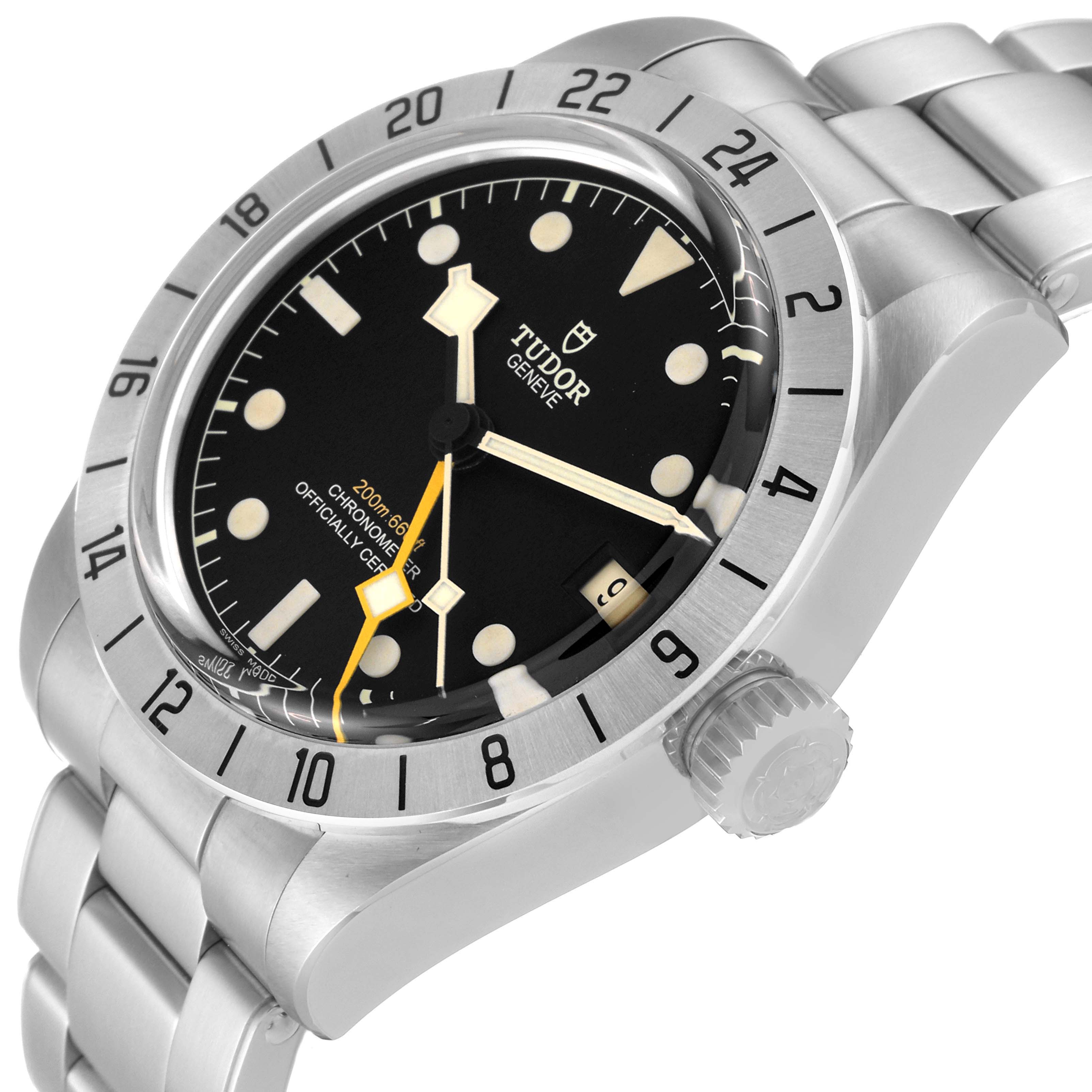 This image shows a Tudor Heritage Black Bay M79470-0003 Men
s Stainless Steel Black Dial M79470-0003 Men
s Stainless Steel Black Dial watch from an angled side view, highlighting the dial, bezel, and bracelet.