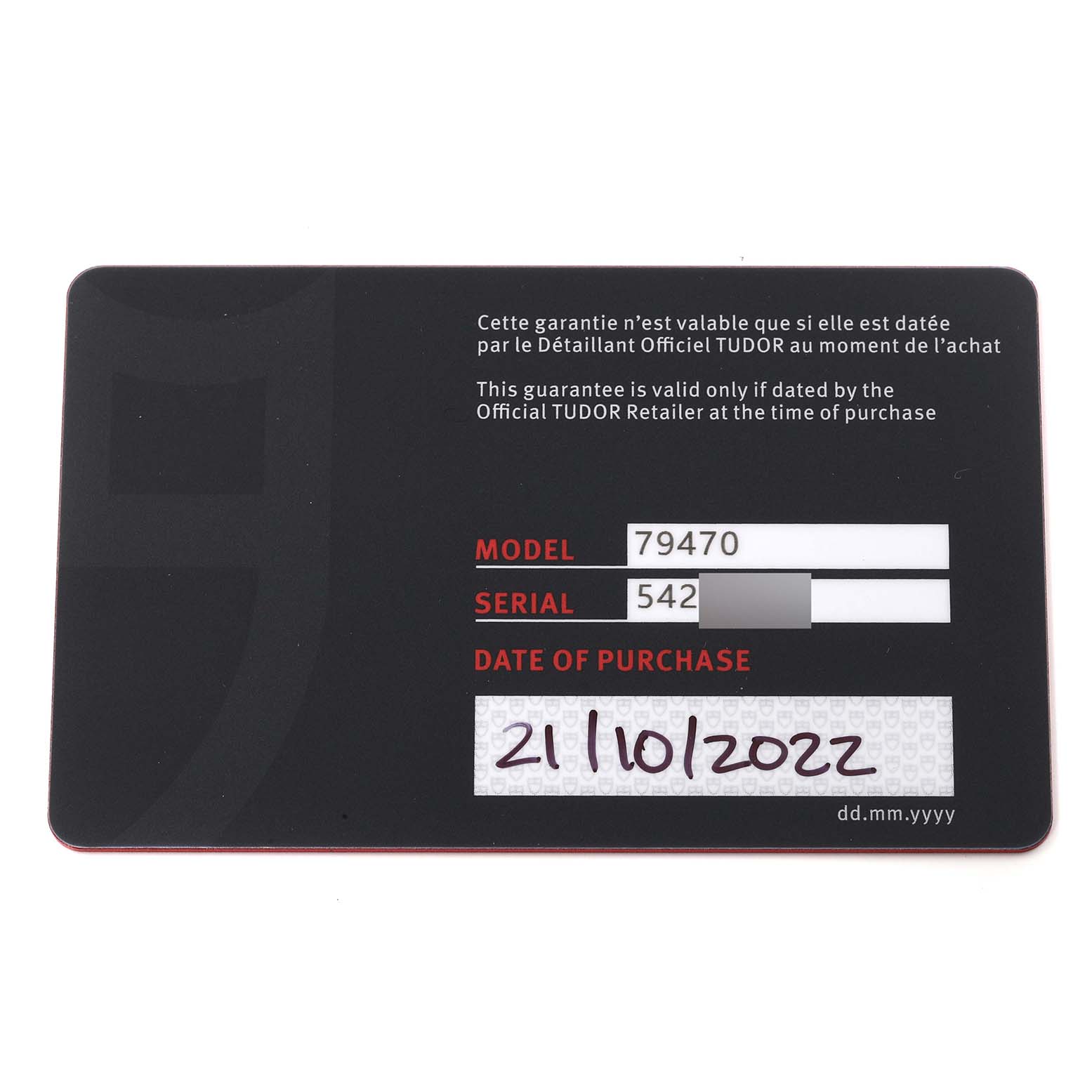 The image shows the warranty card for a Tudor Heritage Black Bay M79470-0003 Men
s Stainless Steel Black Dial M79470-0003 Men
s Stainless Steel Black Dial watch, model 79470, with purchase details.