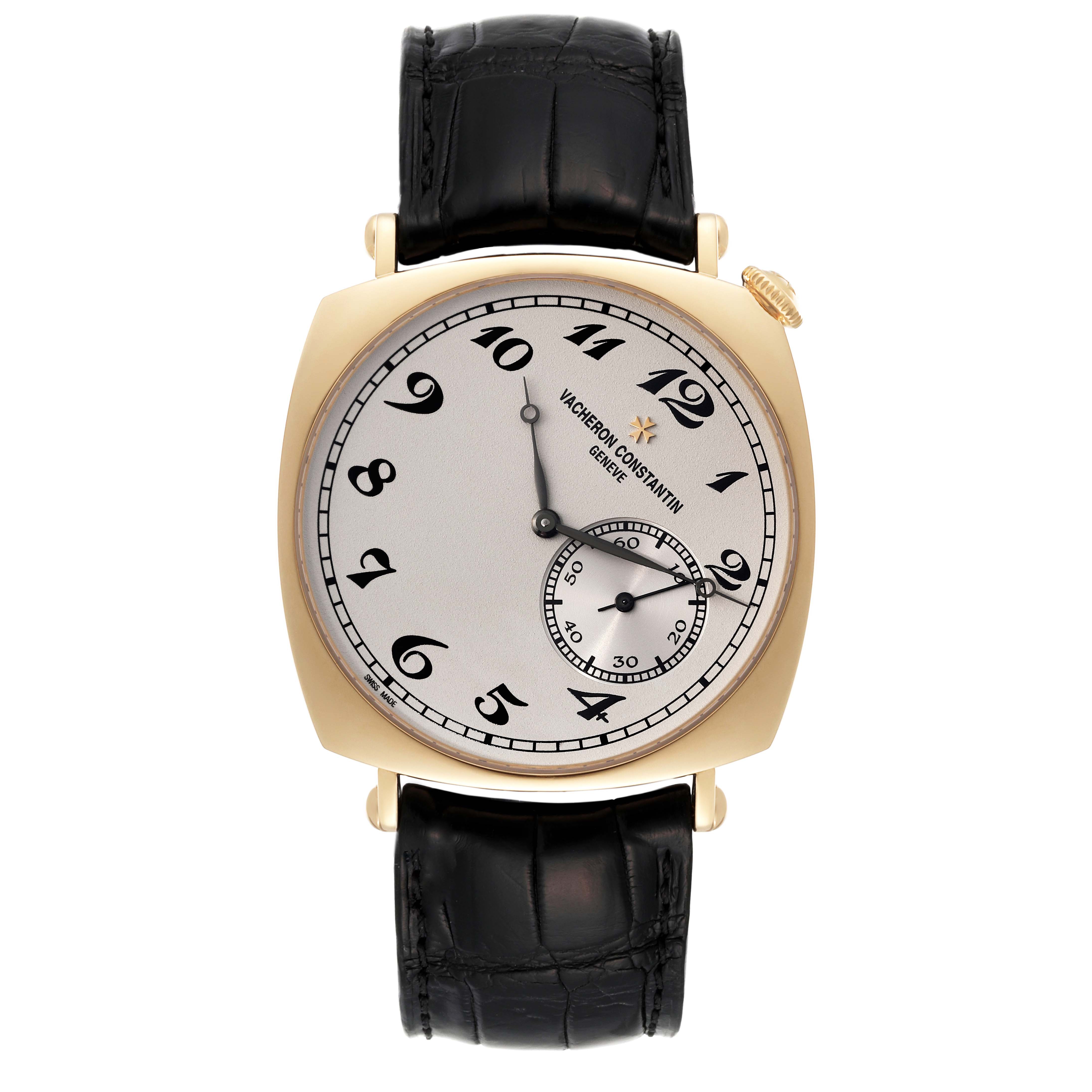 The image shows a front view of a Vacheron Constantin Historiques 82035/000J-9964 Men's Yellow Gold Silver Dial 82035/000J-9964 Men's Yellow Gold Silver Dial model watch, displaying its dial, hands, and black leather strap.