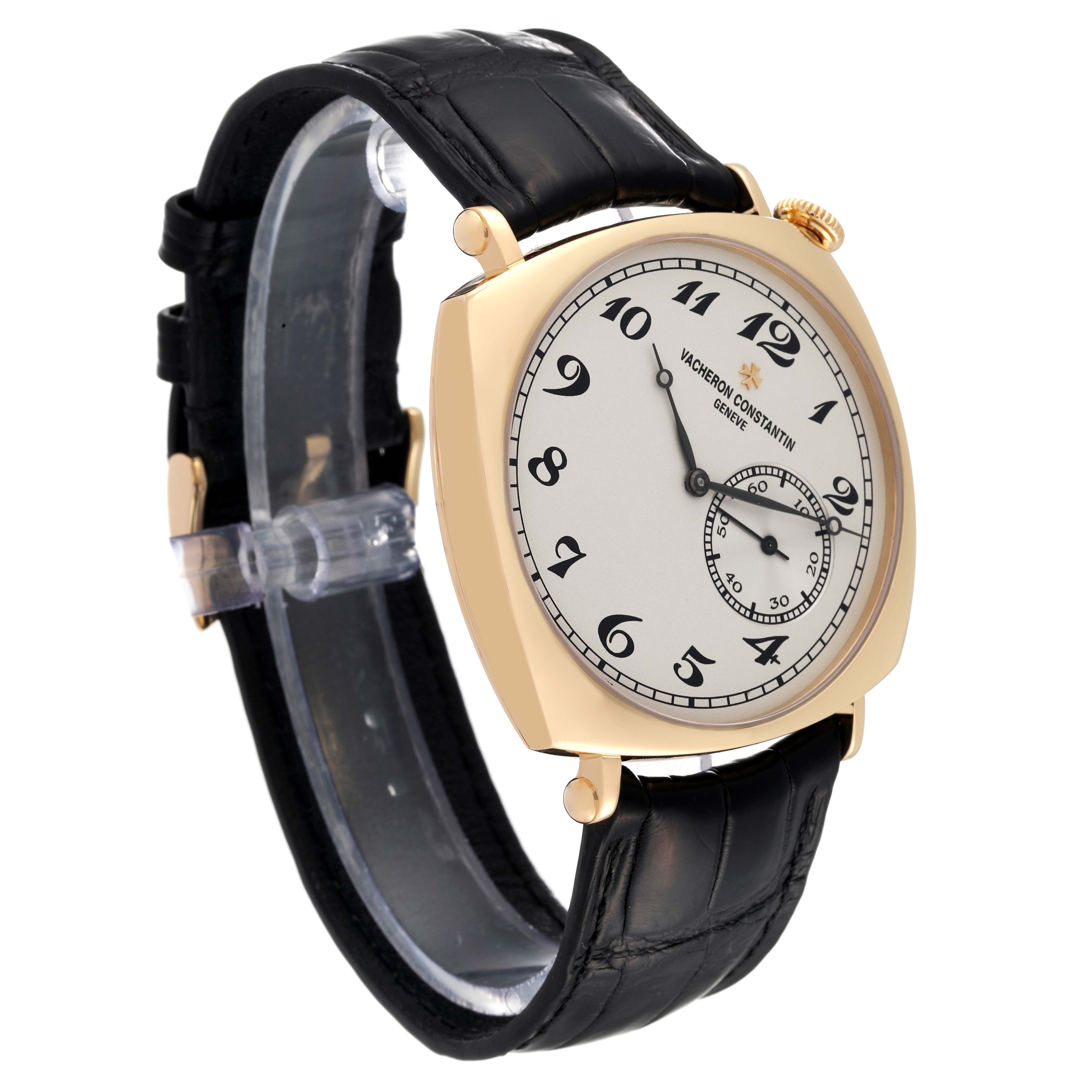 The Vacheron Constantin Historiques 82035/000J-9964 Men's Yellow Gold Silver Dial 82035/000J-9964 Men's Yellow Gold Silver Dial model watch is shown at a slight angle displaying its face, gold-tone case, crown, and black leather strap.