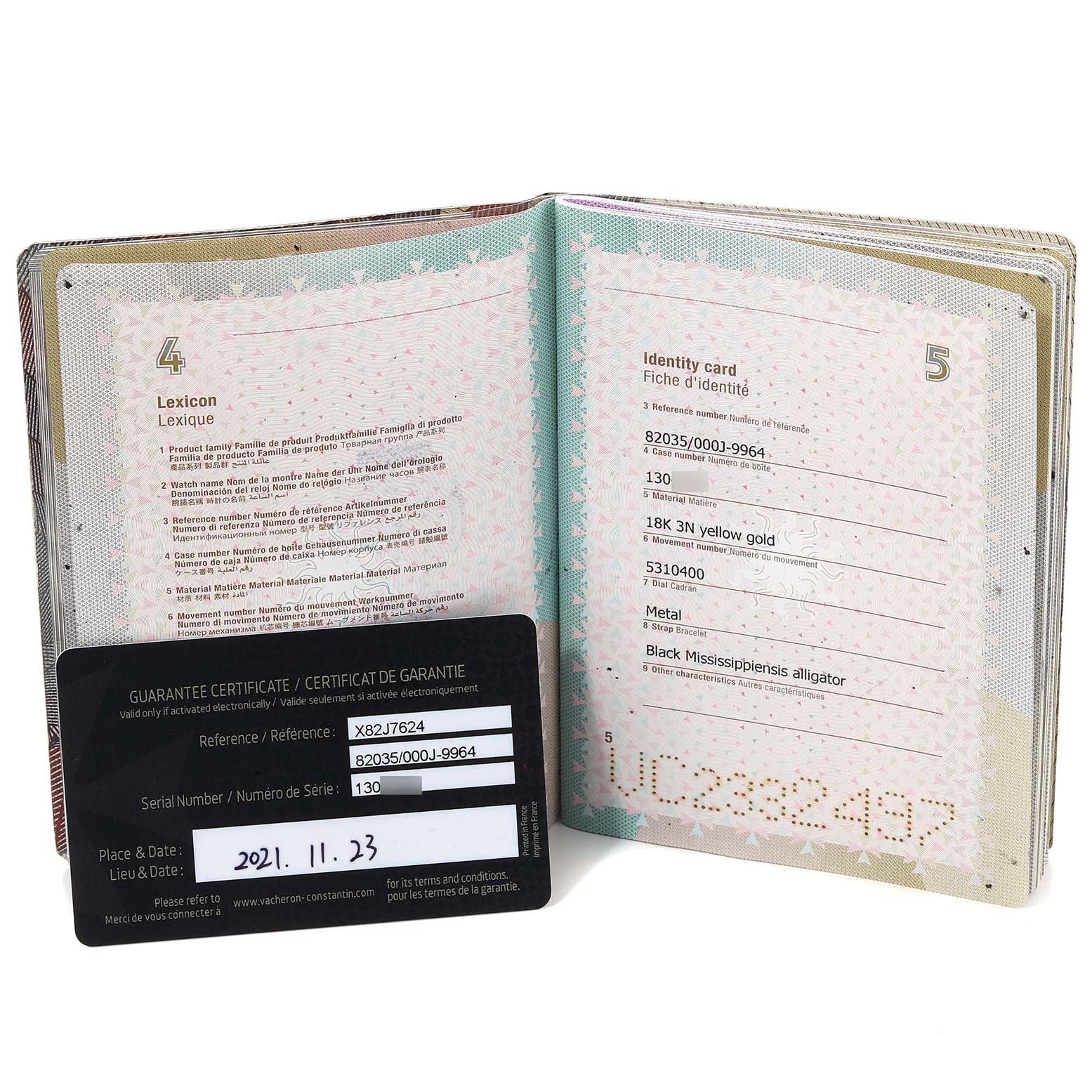 The image shows the guarantee certificate and identity card for a Vacheron Constantin Historiques 82035/000J-9964 Men's Yellow Gold Silver Dial 82035/000J-9964 Men's Yellow Gold Silver Dial watch.