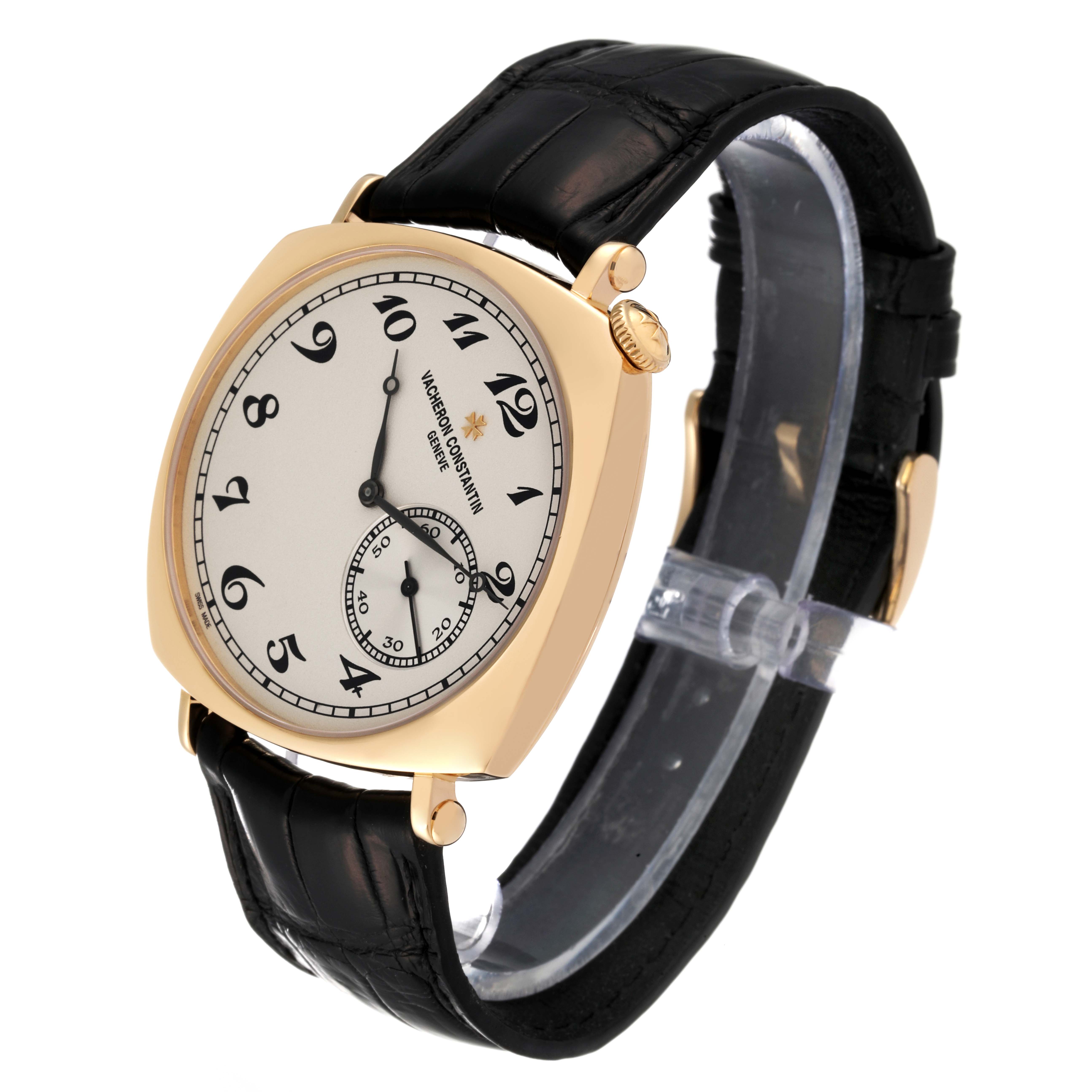 The Vacheron Constantin Historiques 82035/000J-9964 Men's Yellow Gold Silver Dial 82035/000J-9964 Men's Yellow Gold Silver Dial watch is shown from a slightly elevated angle, displaying its dial, case, crown, and leather strap.