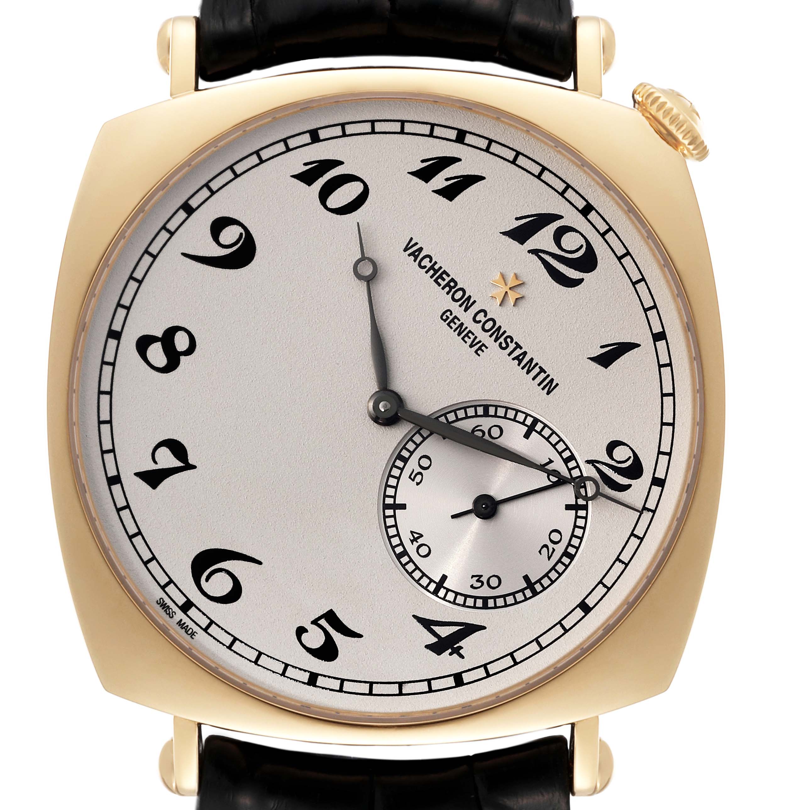 The image shows a front view of the Vacheron Constantin Historiques 82035/000J-9964 Men's Yellow Gold Silver Dial 82035/000J-9964 Men's Yellow Gold Silver Dial model watch with a clear view of the dial and crown.