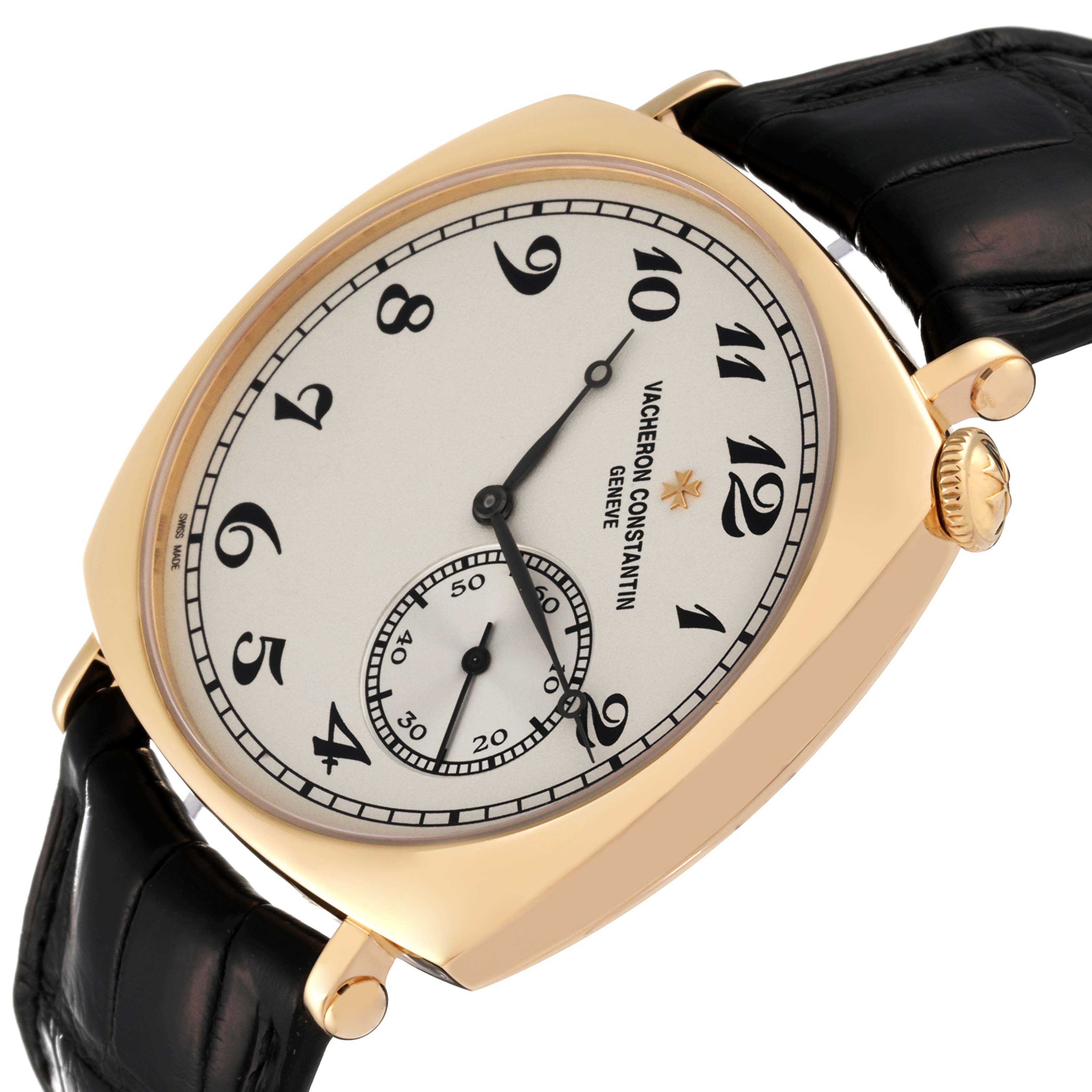 The Vacheron Constantin Historiques 82035/000J-9964 Men's Yellow Gold Silver Dial 82035/000J-9964 Men's Yellow Gold Silver Dial watch is shown at a slight angle, detailing its face, crown, and part of the strap.